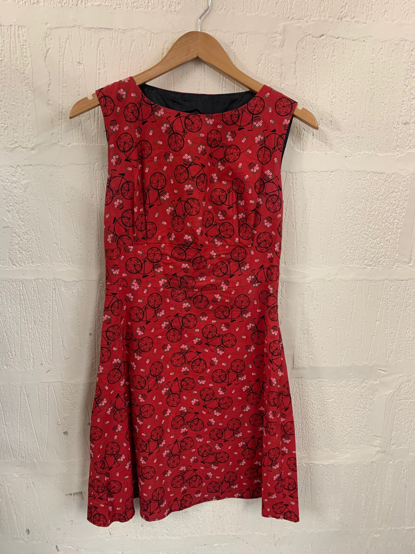 1950s Style Get Cutie Sleeveless Red Printed with Bicycle Dress Size 12