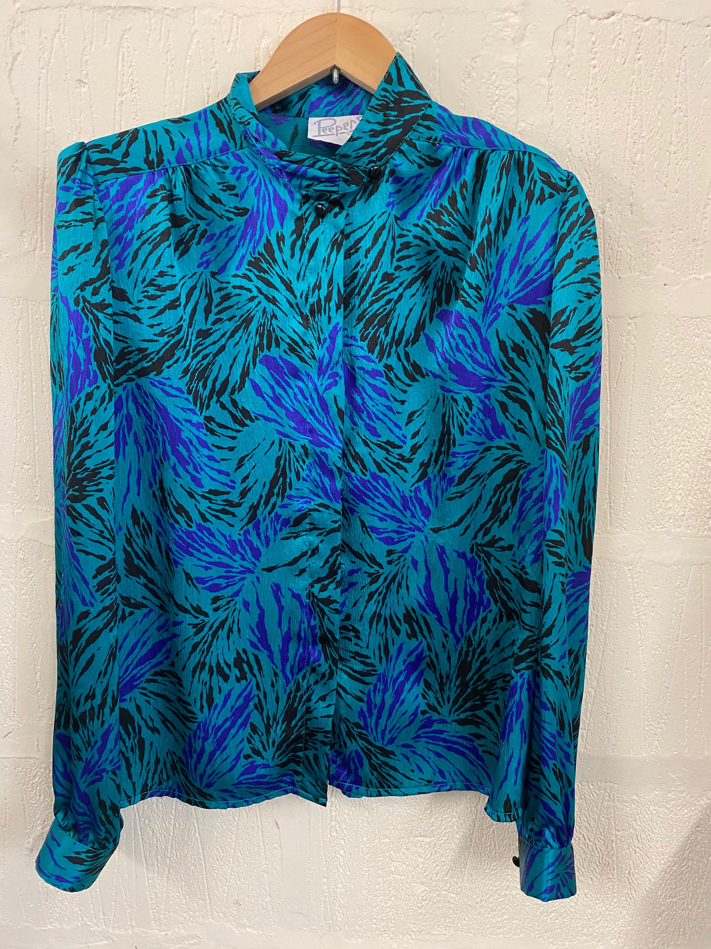 Vintage Teal and Blue 1980s Abstract Blouse Size 16