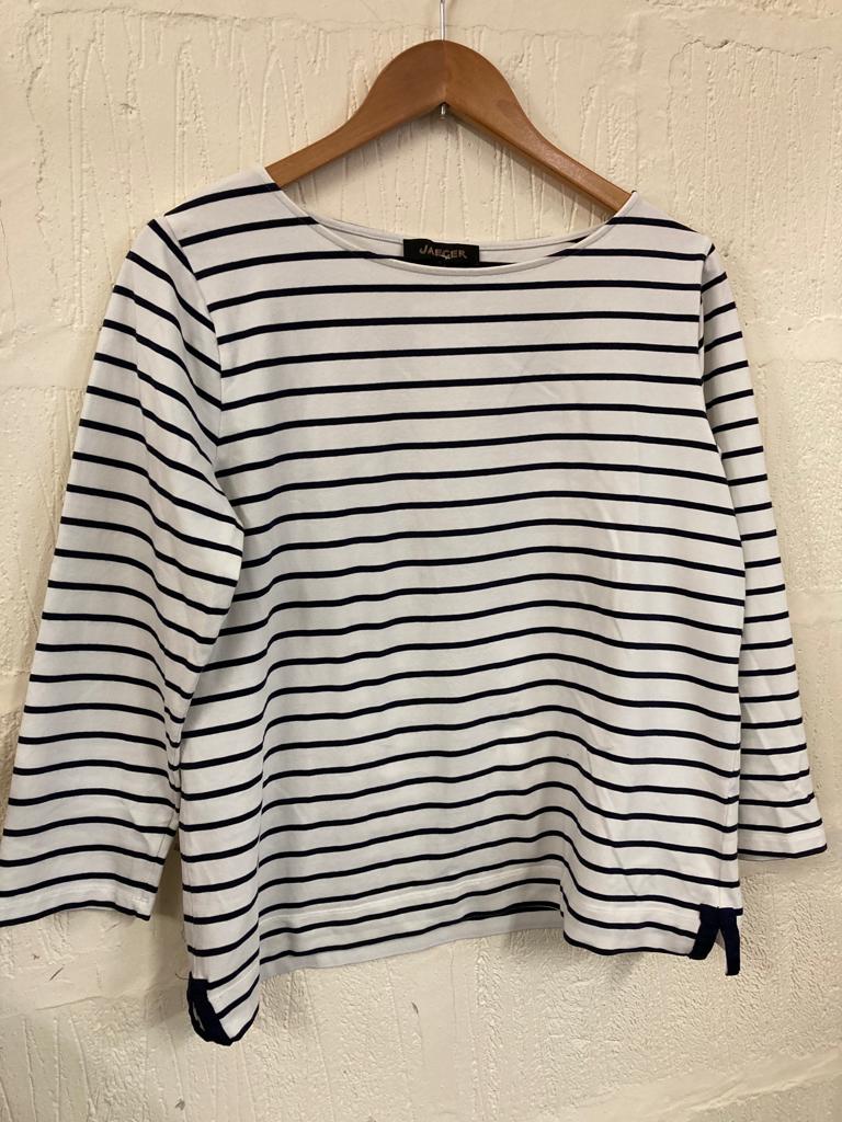 Preloved Jaeger Stripey Cream and Navy Long Sleeve Top Size L