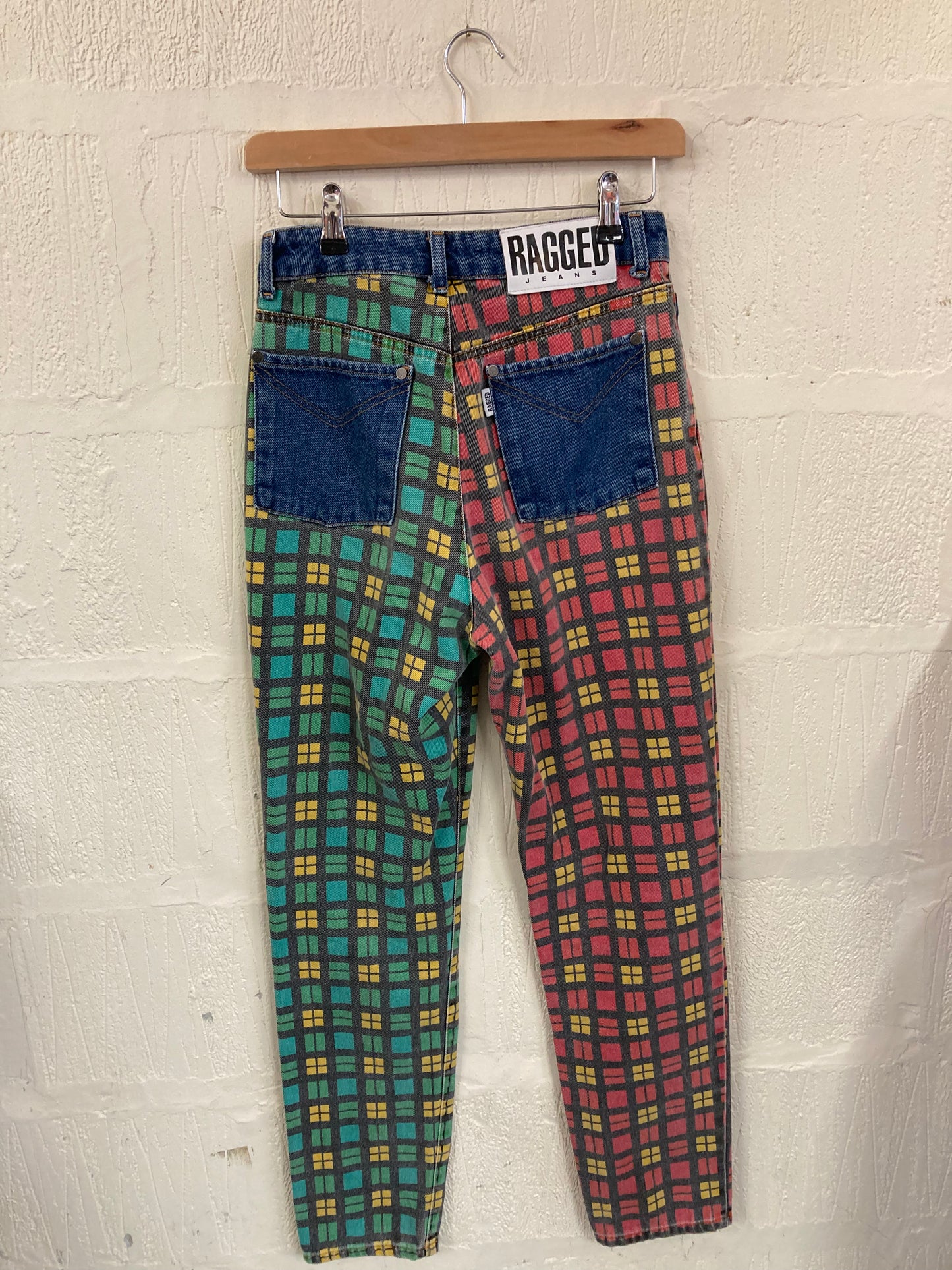 00s Ragged Jeans High Waisted Red, Green and Yellow Check Blue Jean Size 8 W 26