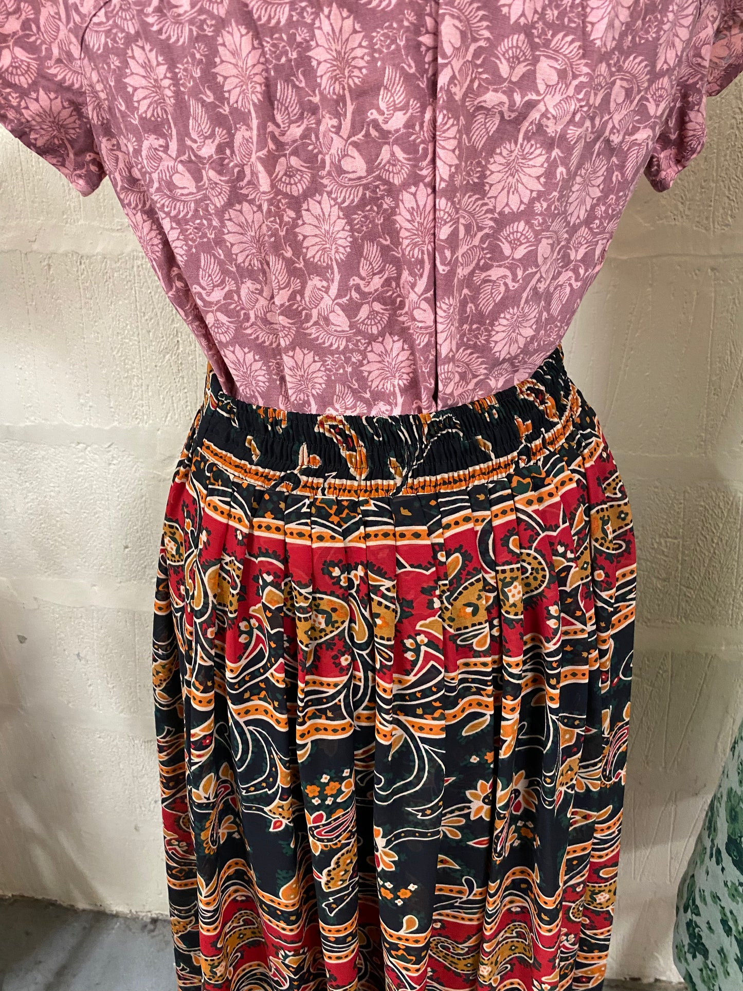 Black, Green and Yellow Paisley Ex Long Gathered Midi Skirt Size 10