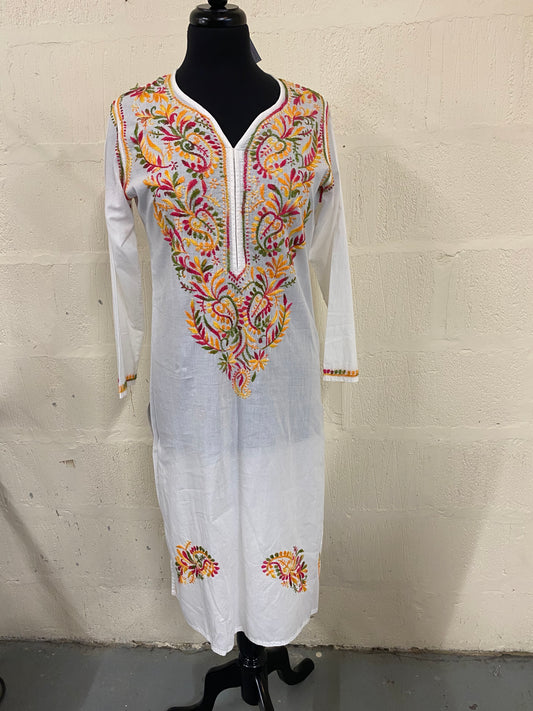 Vintage White Embroidered Kaftan Maxi Dress Size 14