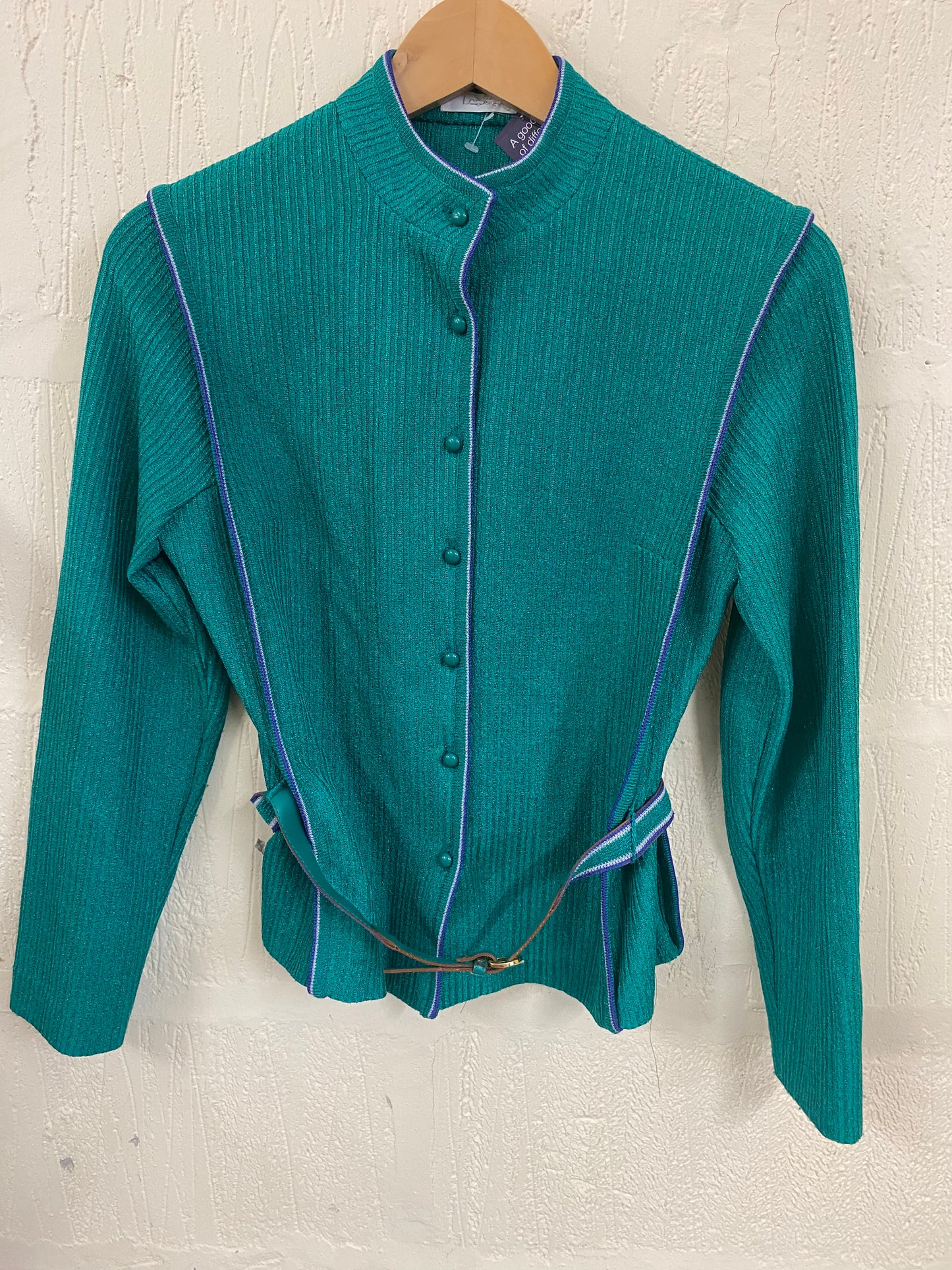 Vintage Geeky Sport Teal and Navy Cardigan with Belt Size 8