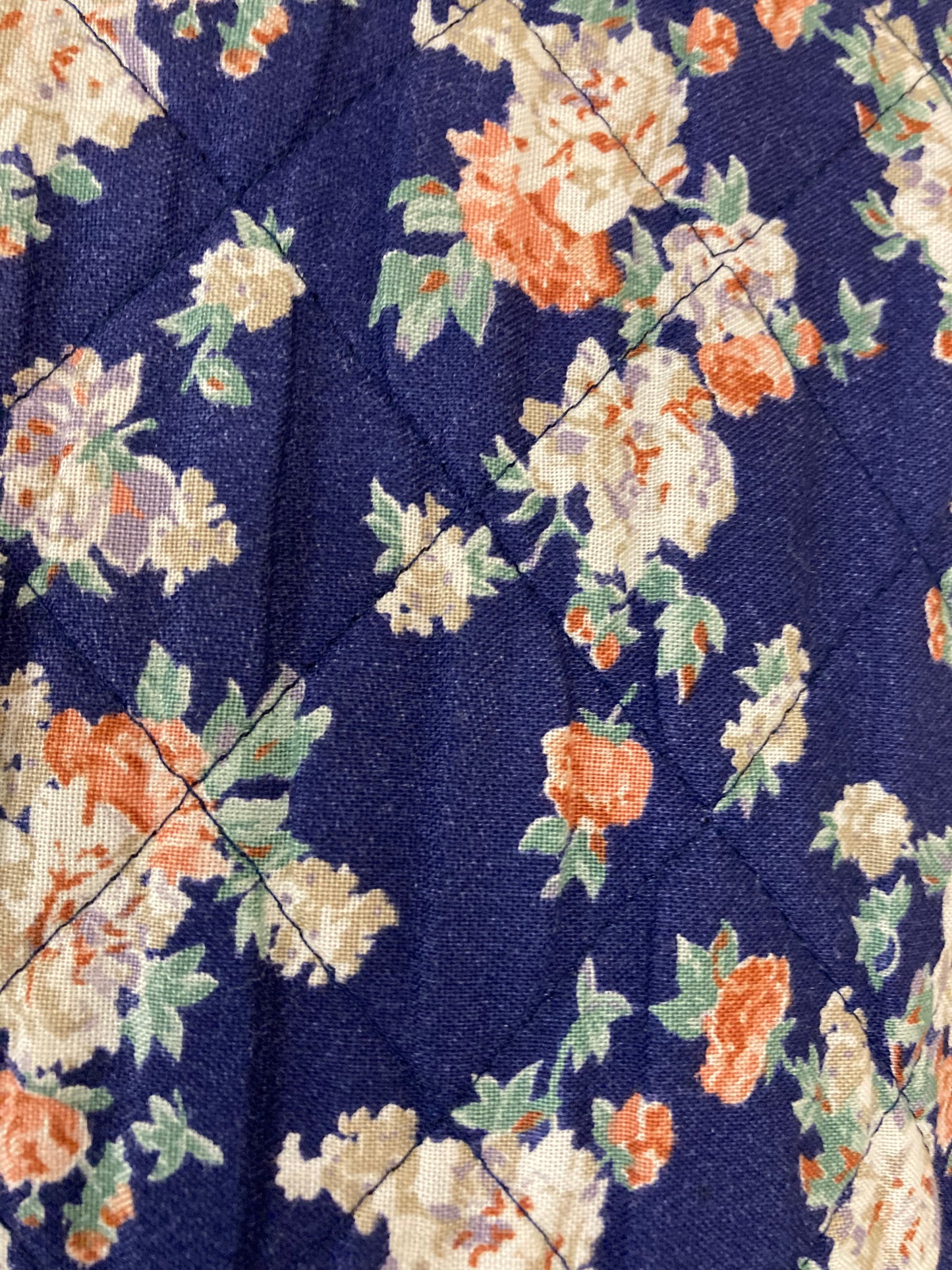 1970s Dark Blue with Floral Quilting Housecoat l Coat Size 12/14
