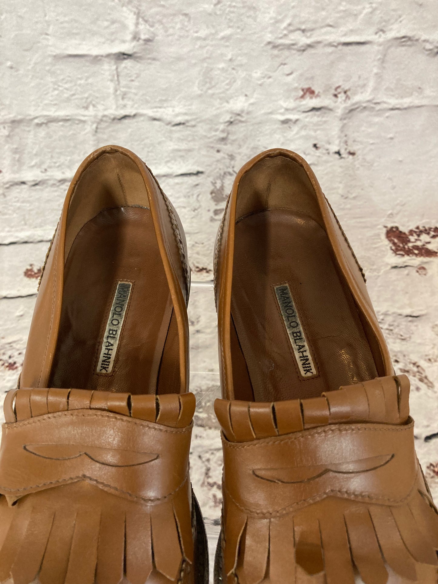 Vintage Manolo Blahnik Tan Leather Fringed Loafers Size 7.5