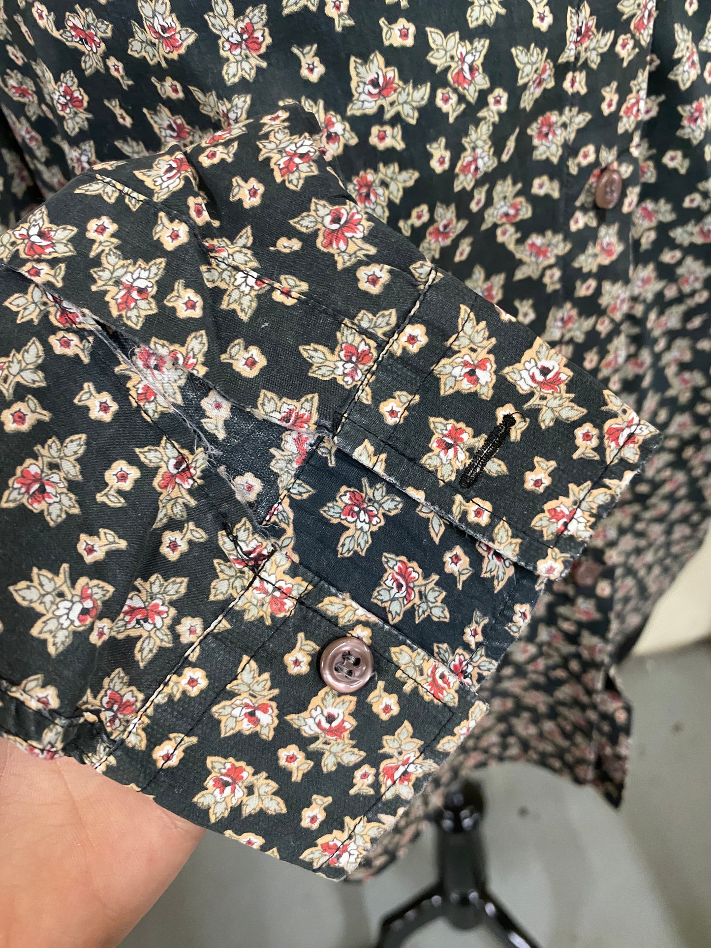 Vintage Charcoal and Red and White Floral Liberty Print Shirt Size 14