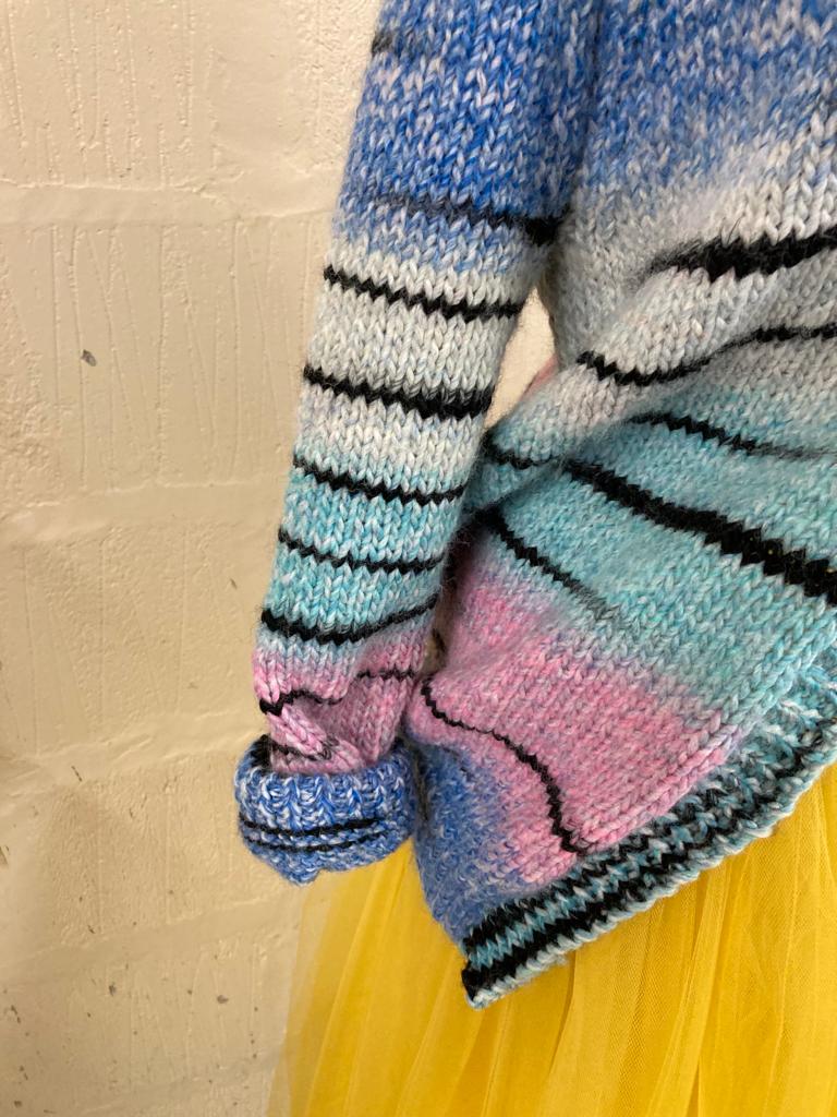 Hand Knit Blue and Pink Tones Stripe Cardigan Size M-L