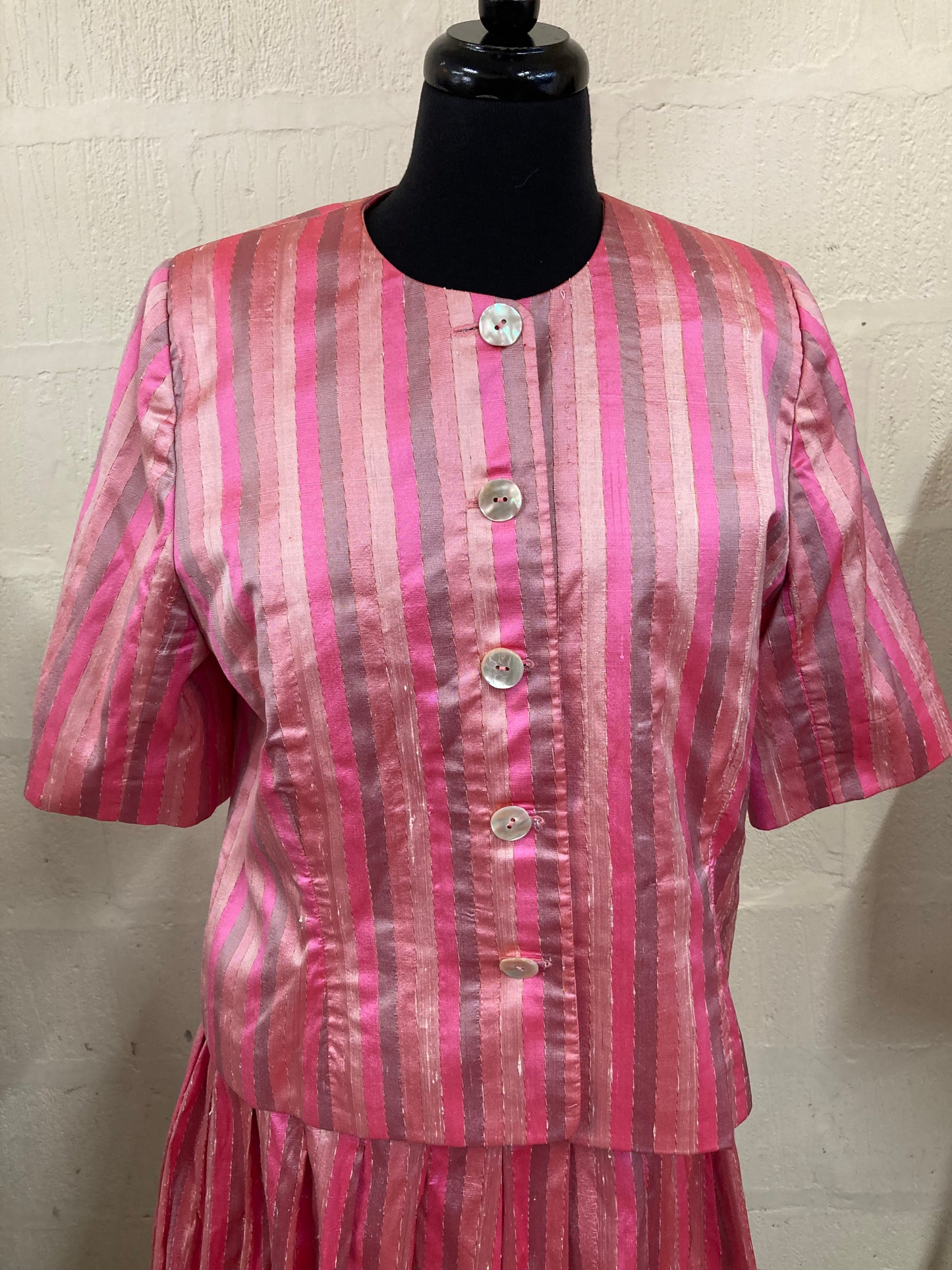 1980s Boxy Pink Striped Silk Jacket Size 16