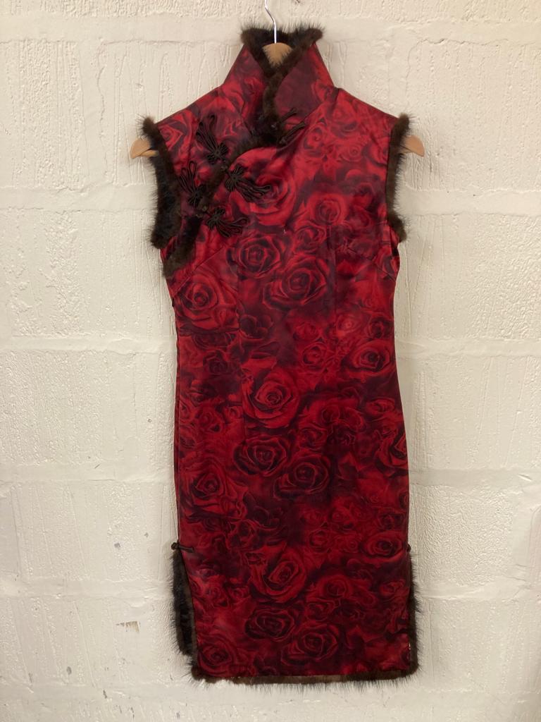 Vintage Sleeveless Padded Chinese Style Red Rose Cheongsam Midi Dress Size S
