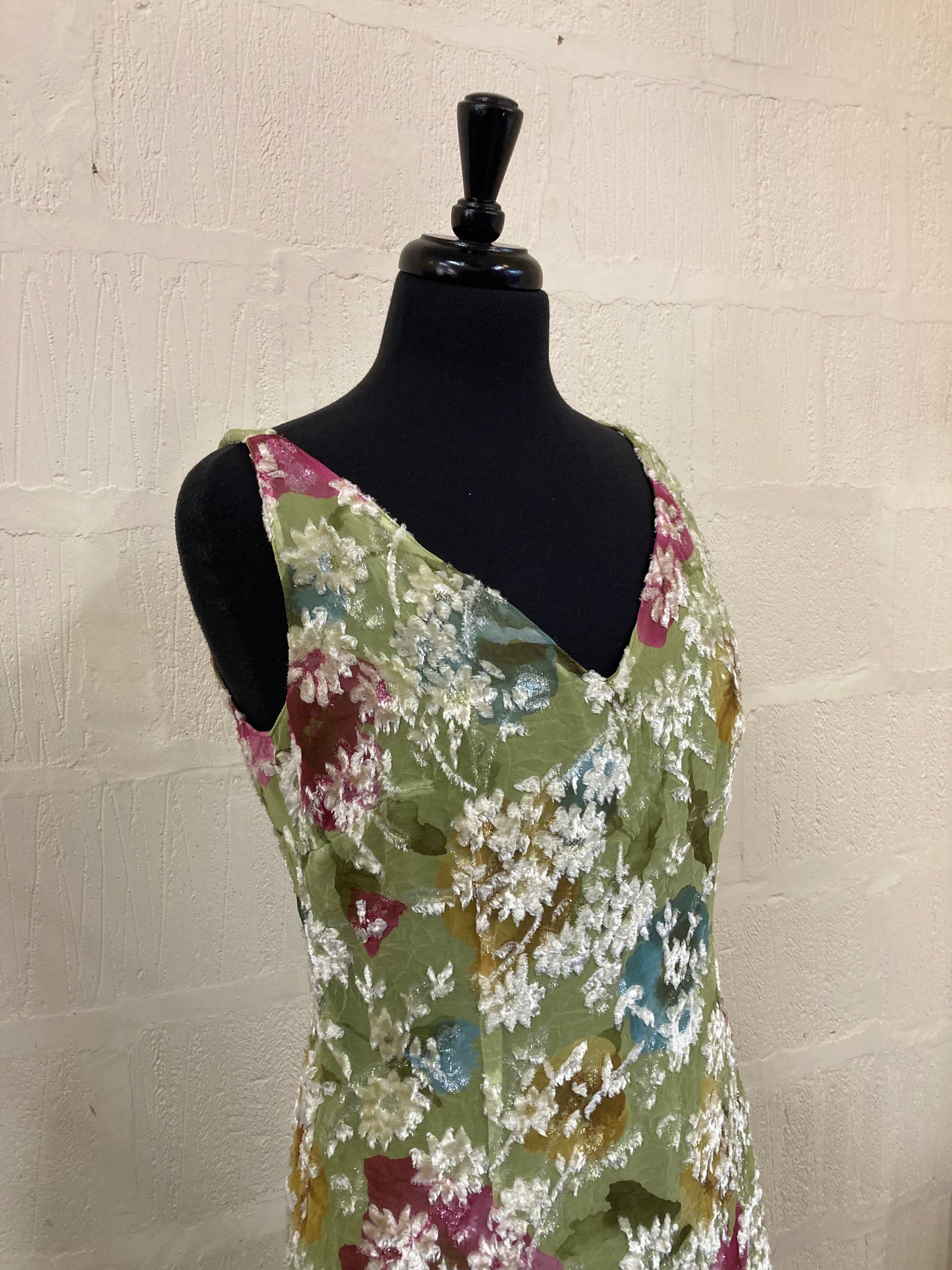1990s Green with White Embellished Flower Shift Dress Size 14