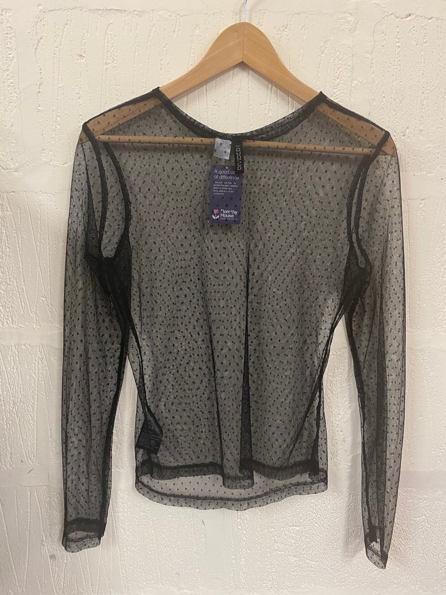 Black Sheer Polka Dot Sleeved Top Size 12