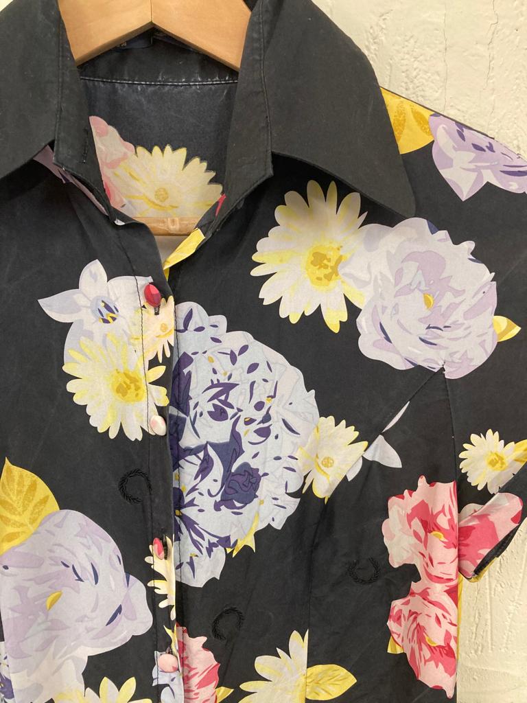 Preloved Silk Black and Floral Silk Playsuit Size 12