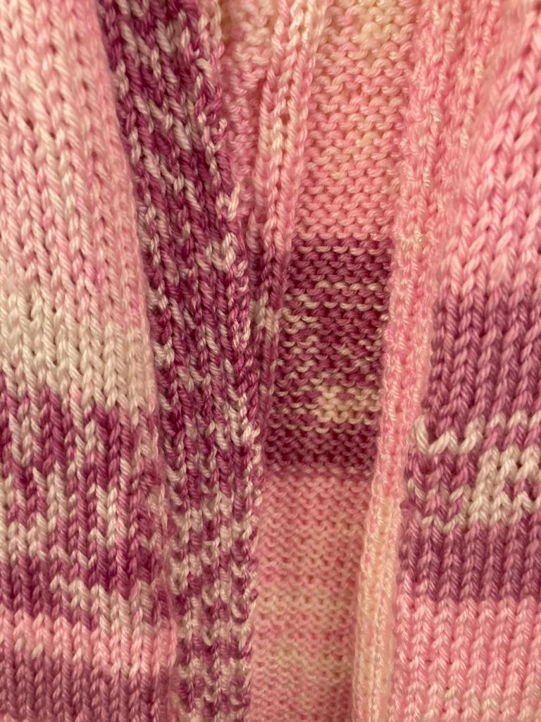 Pink, White and Mauve Hand Knitted Cardigan Size M