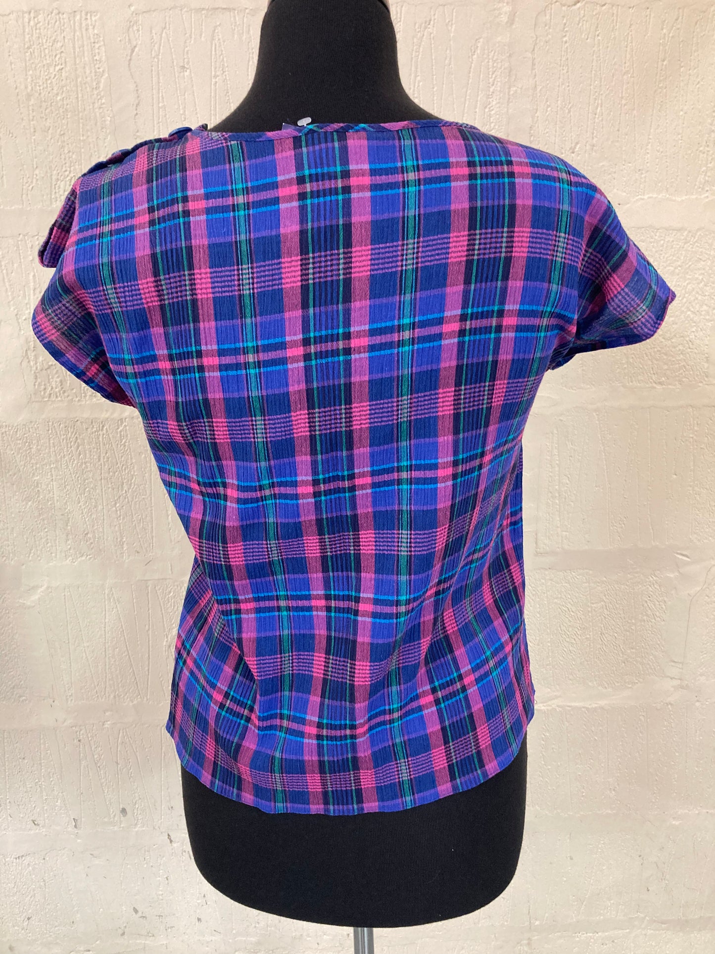 Vintage BHS Cap Sleeve Blue, Pink and Green Plaid Top Size 8