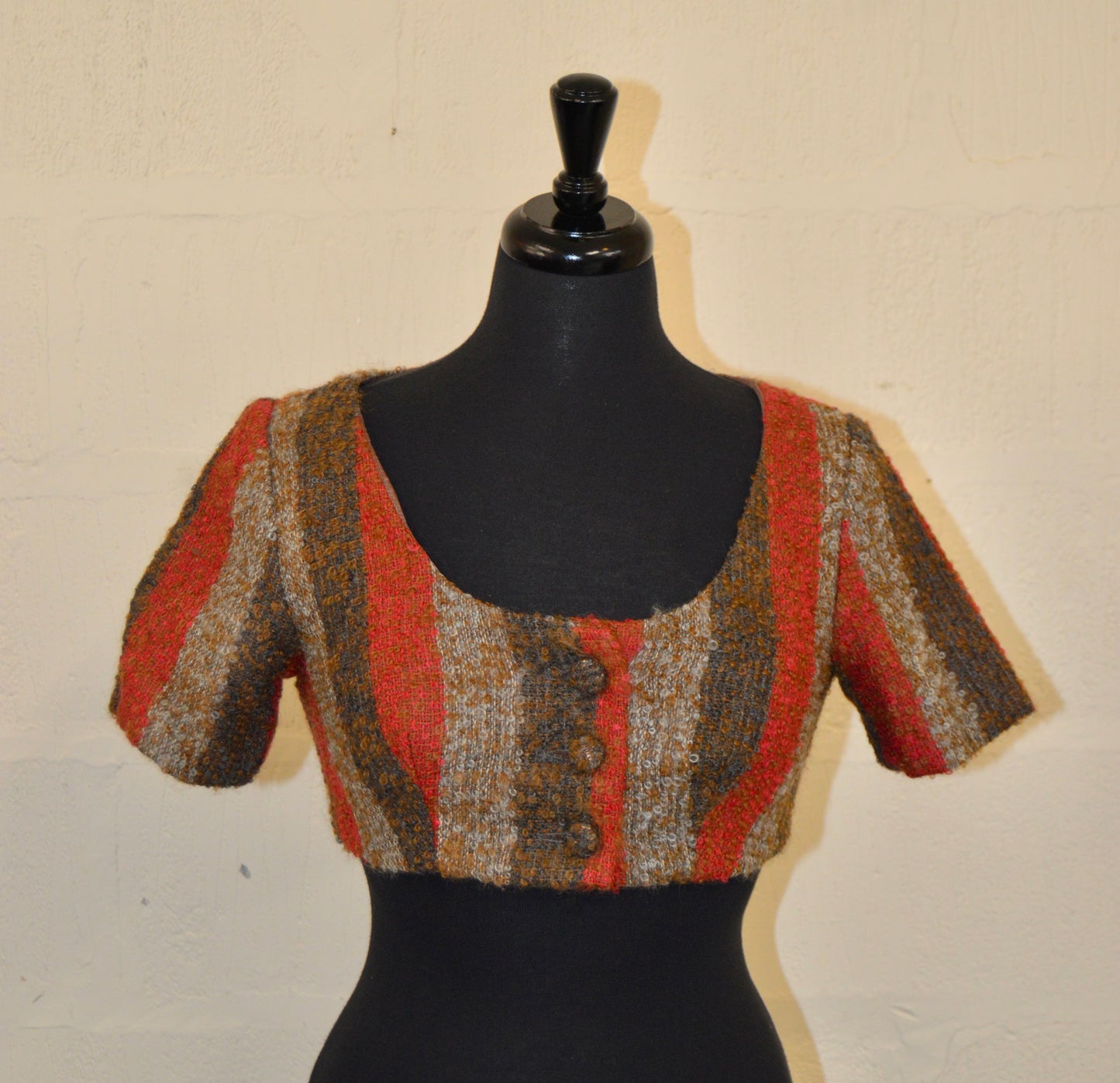 Vintage Boucle Brown and Red Cropped Striped Jacket Size 10
