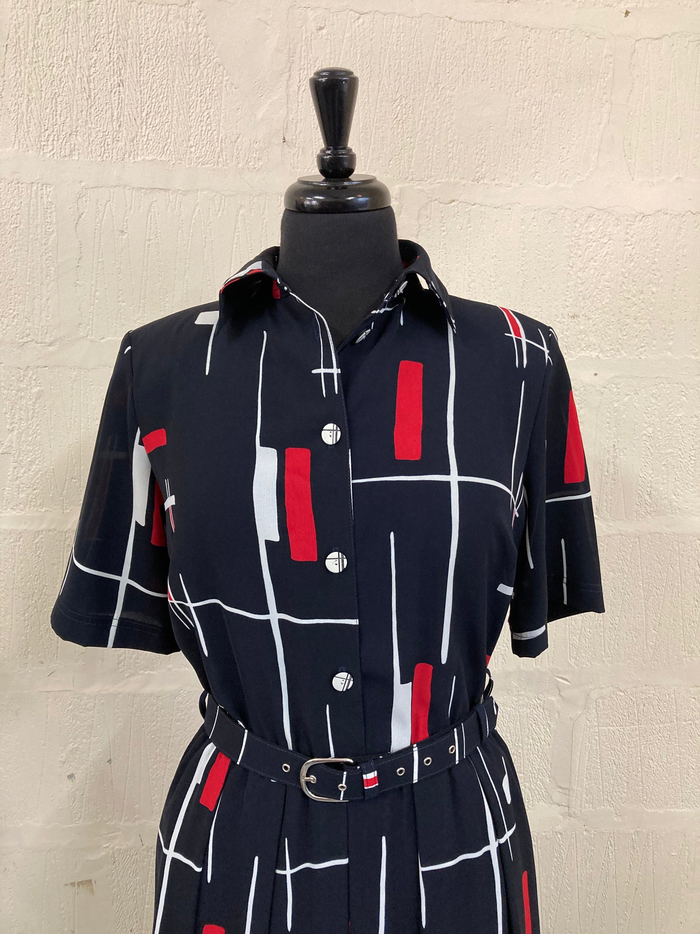 1960s style Mandy Marsh Black with White and Red Geo Print Maxi Dress Size 10
