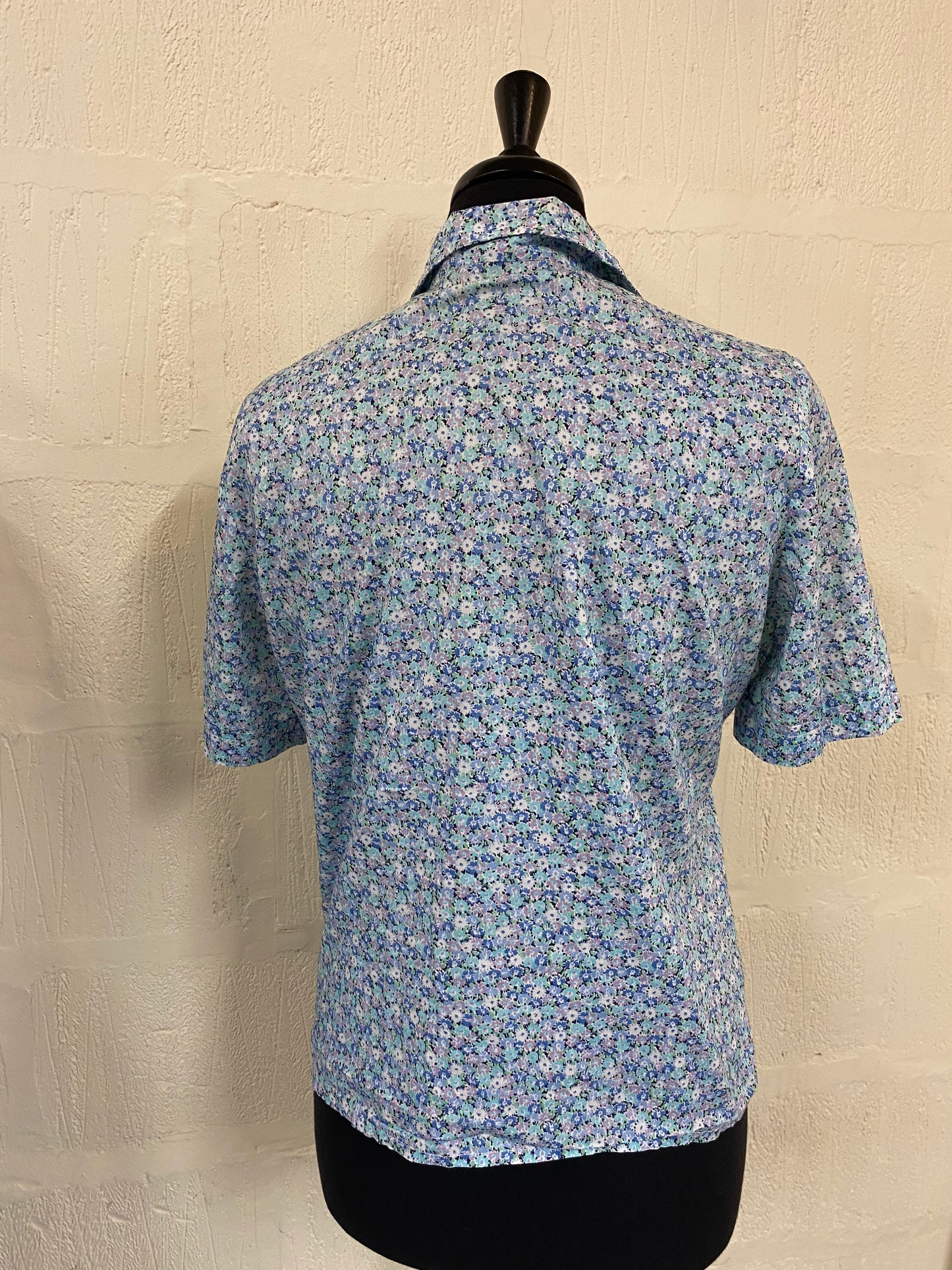 Vintage Made in England Ditsy Print Blue and White Blouse Size 12