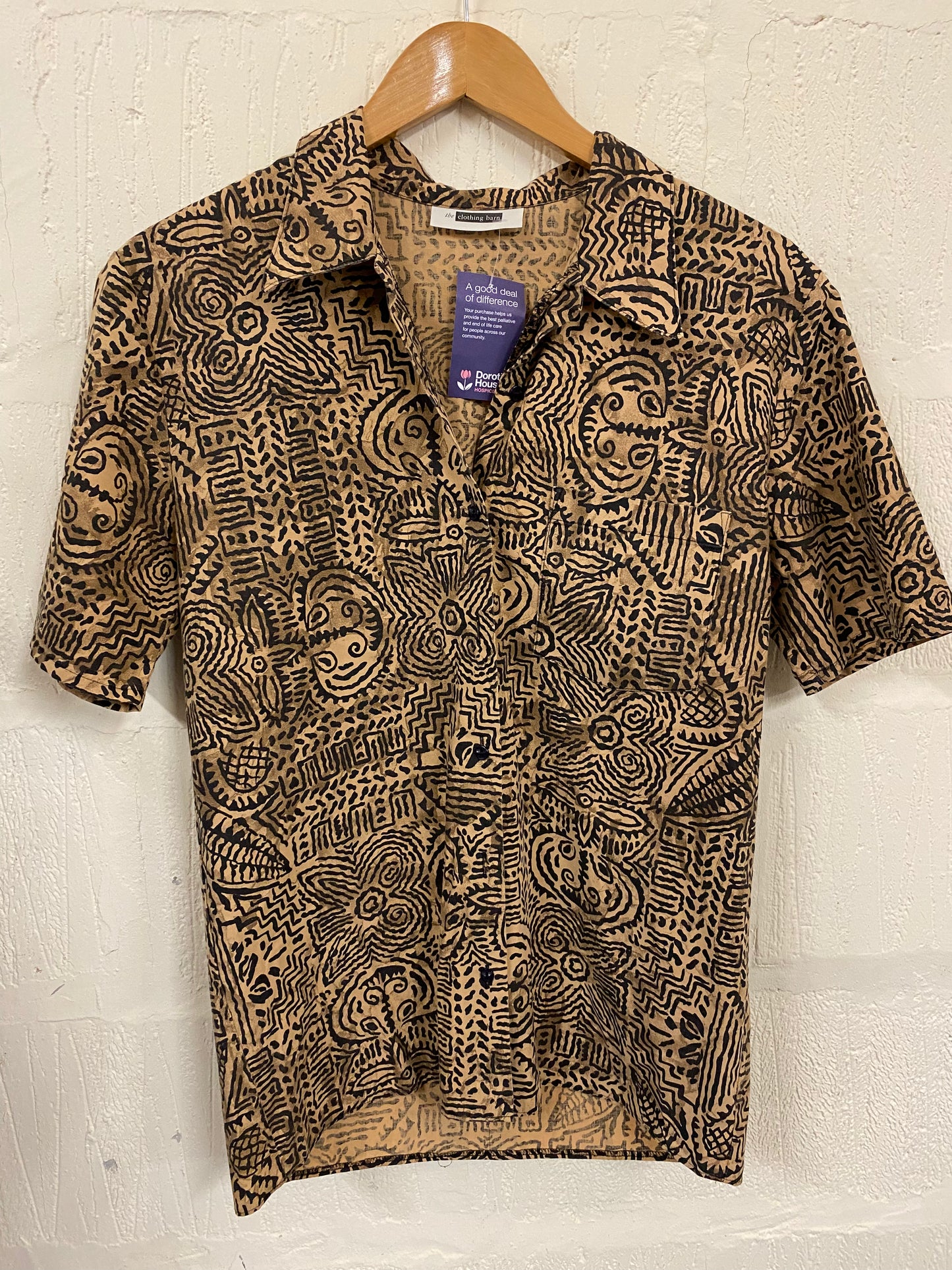 1950s Style Havana Vibes Tan and Black Patterned Cotton Shirt Size 10