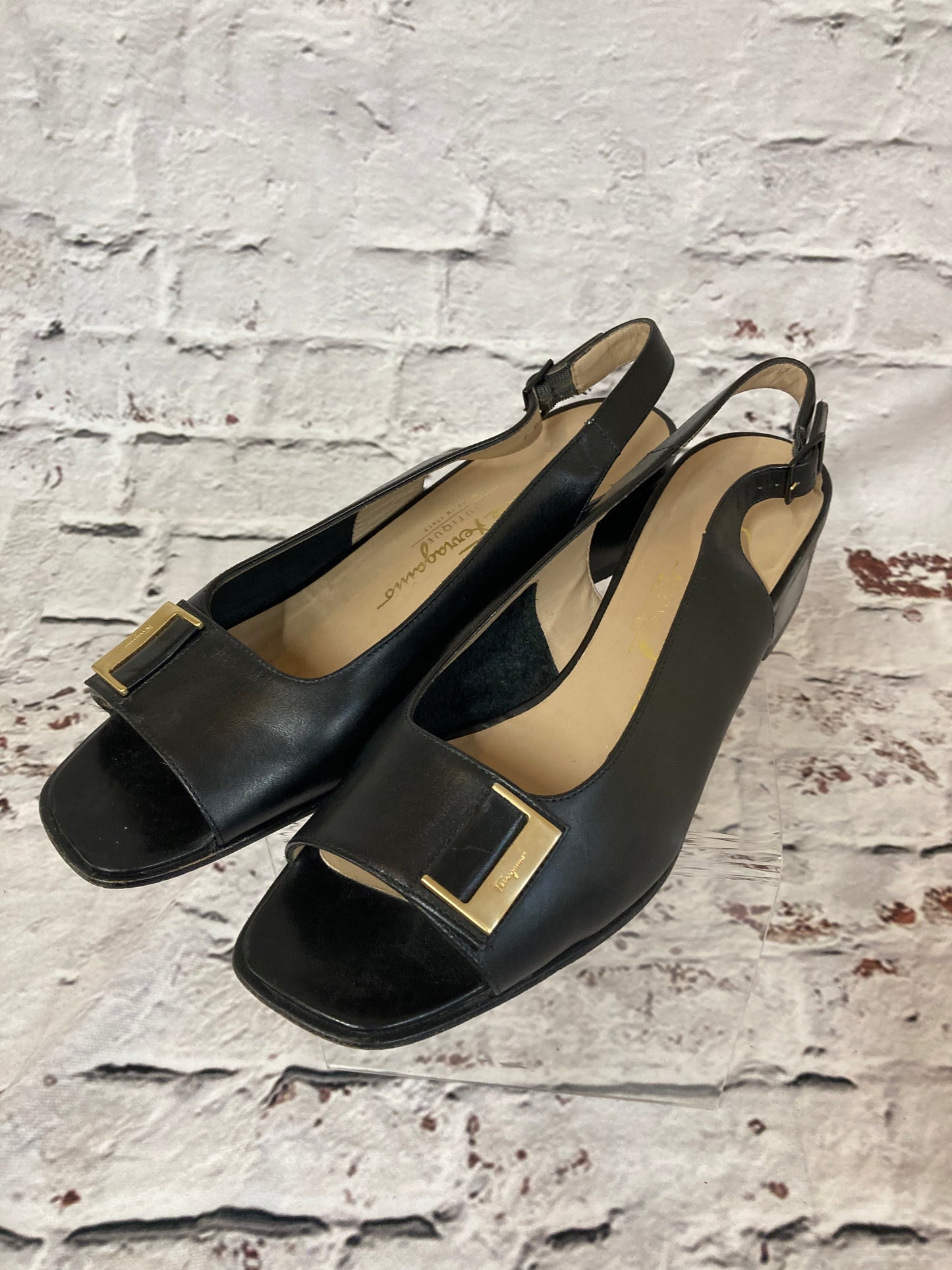 1980s Salvatore Ferragamo Black Peep Toe Buckled Sling Backs Size 3.5 (36)