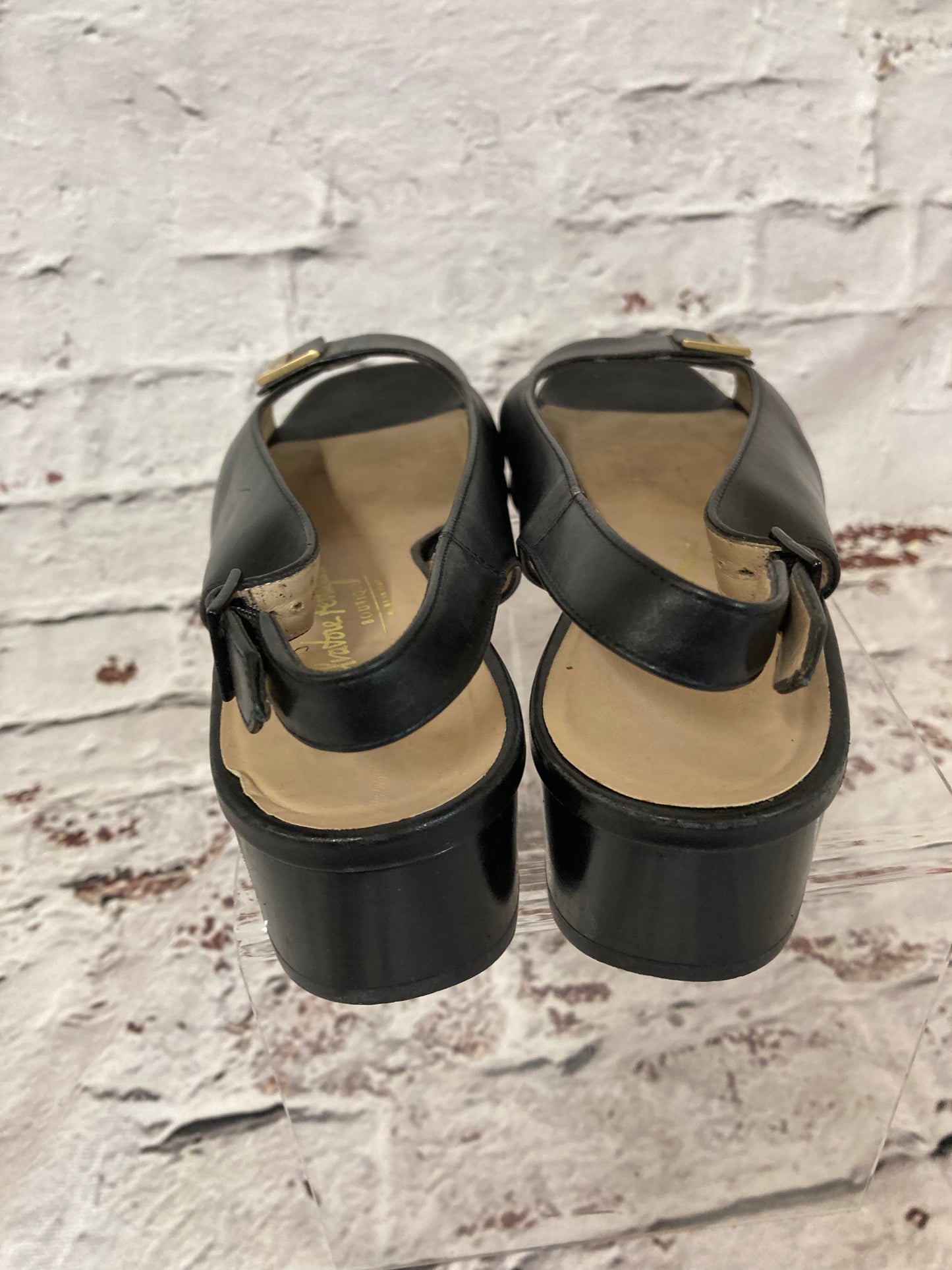 1980s Salvatore Ferragamo Black Peep Toe Buckled Sling Backs Size 3.5 (36)