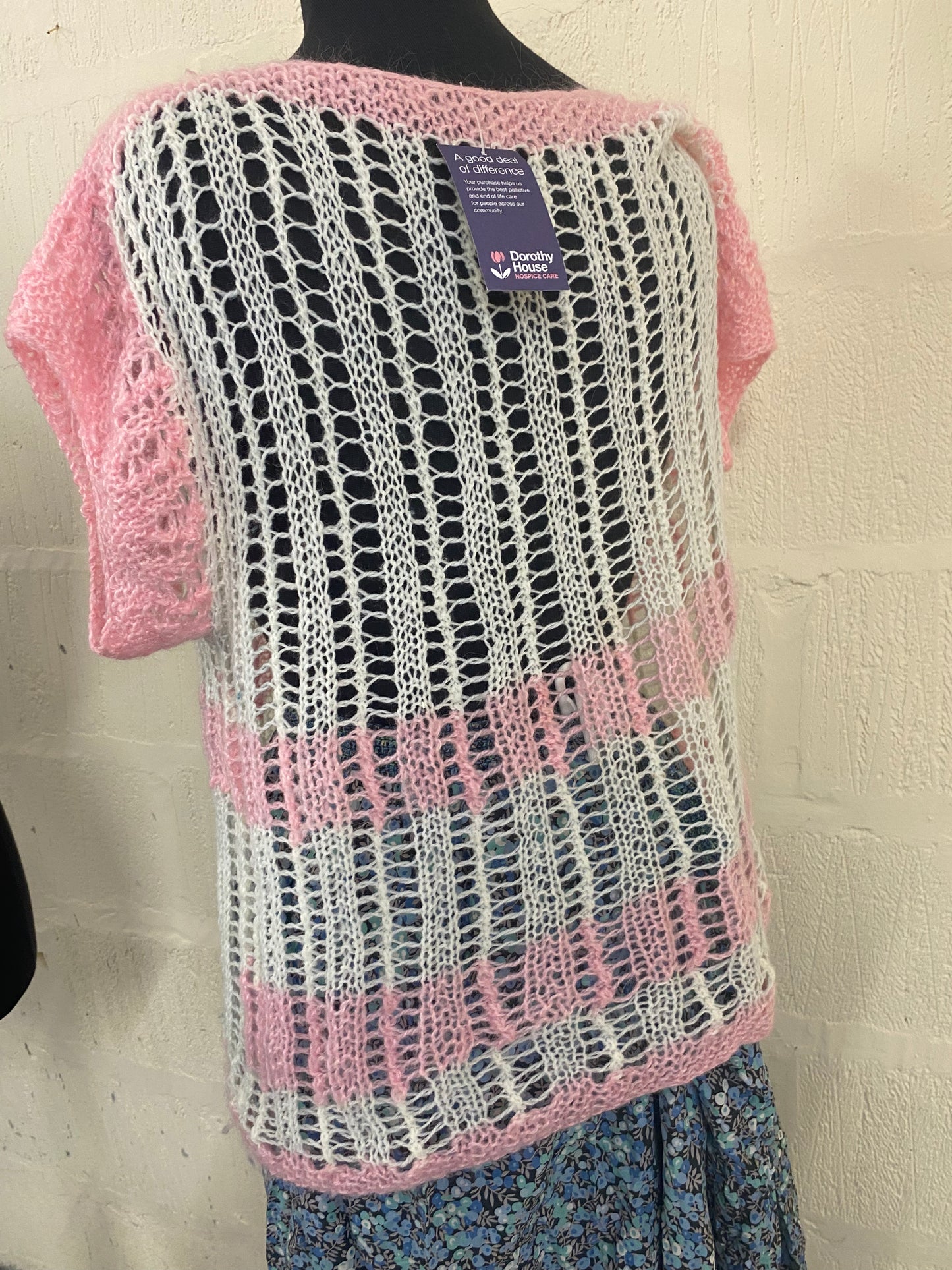 Hand Knitted Short Sleeve Pink Striped Jumper Size 12