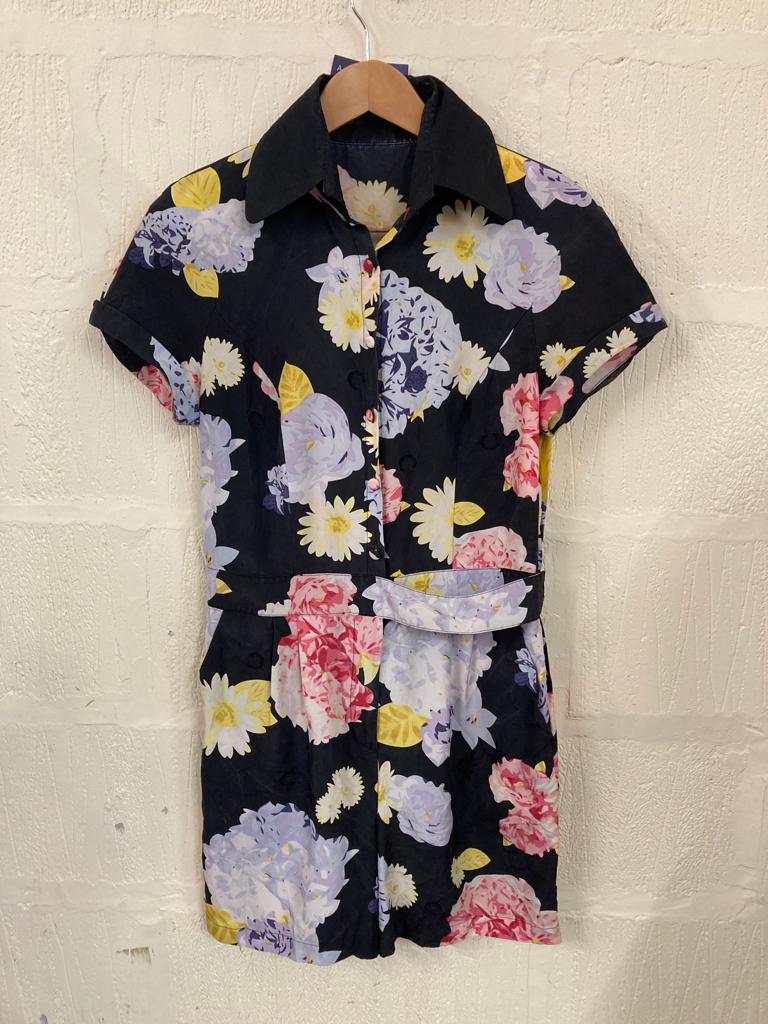 Preloved Silk Black and Floral Silk Playsuit Size 12