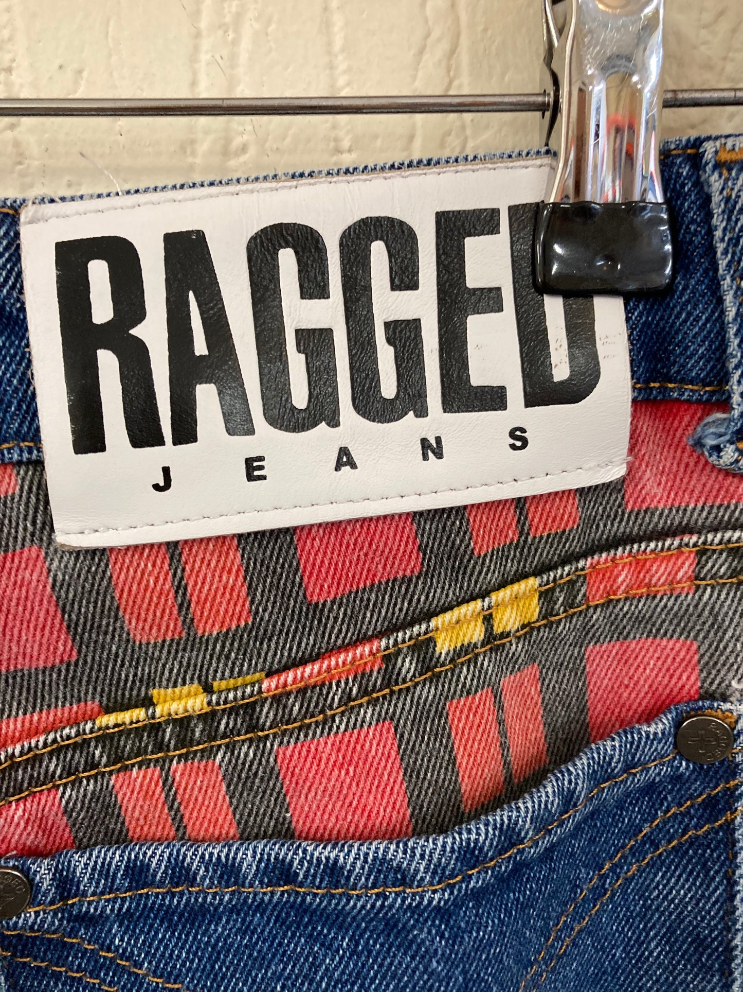00s Ragged Jeans High Waisted Red, Green and Yellow Check Blue Jean Size 8 W 26