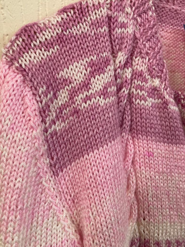 Pink, White and Mauve Hand Knitted Cardigan Size M