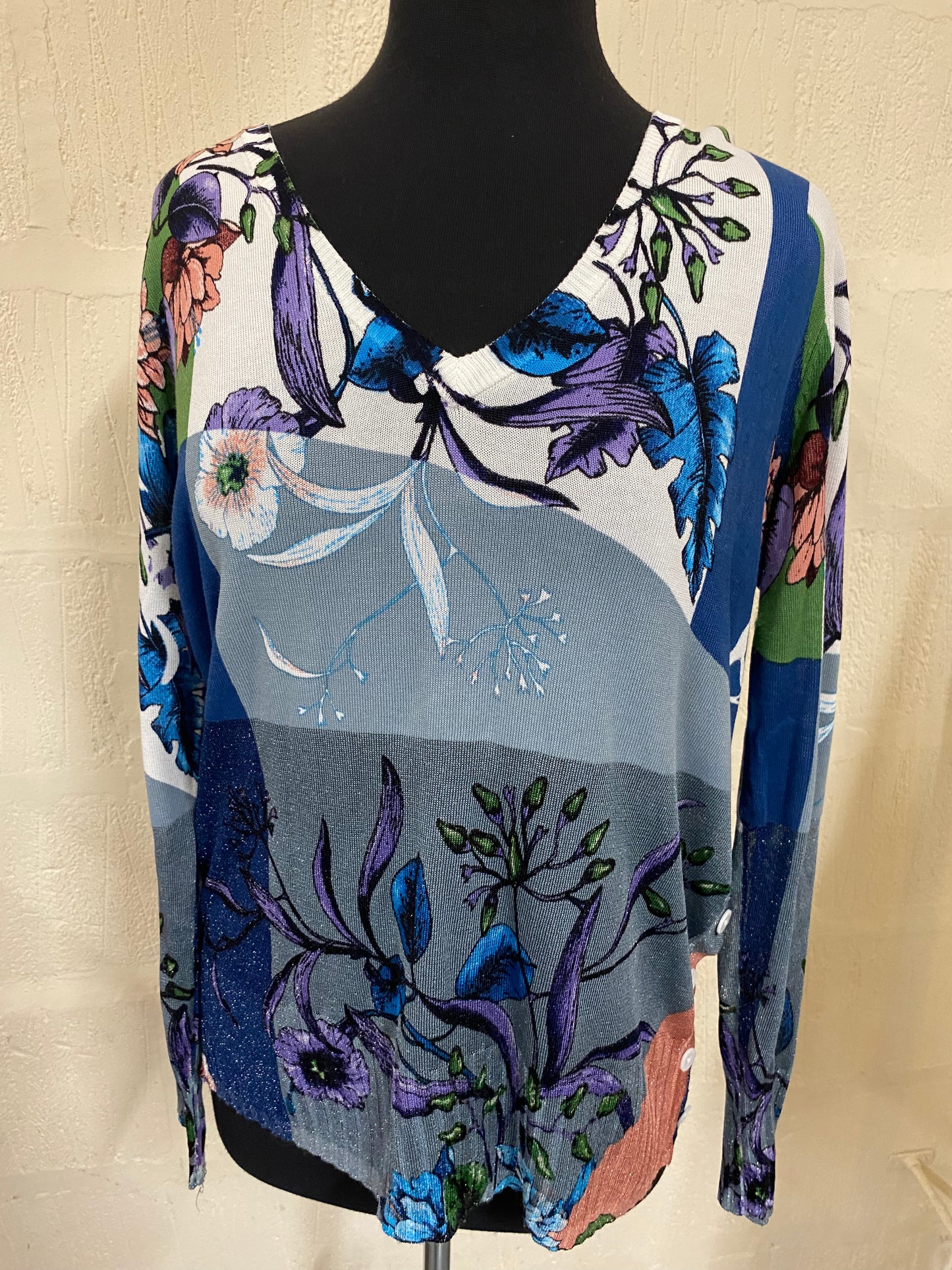 Fine Knit Grey, White and Glitter Blue Desigual Jumper Size 14