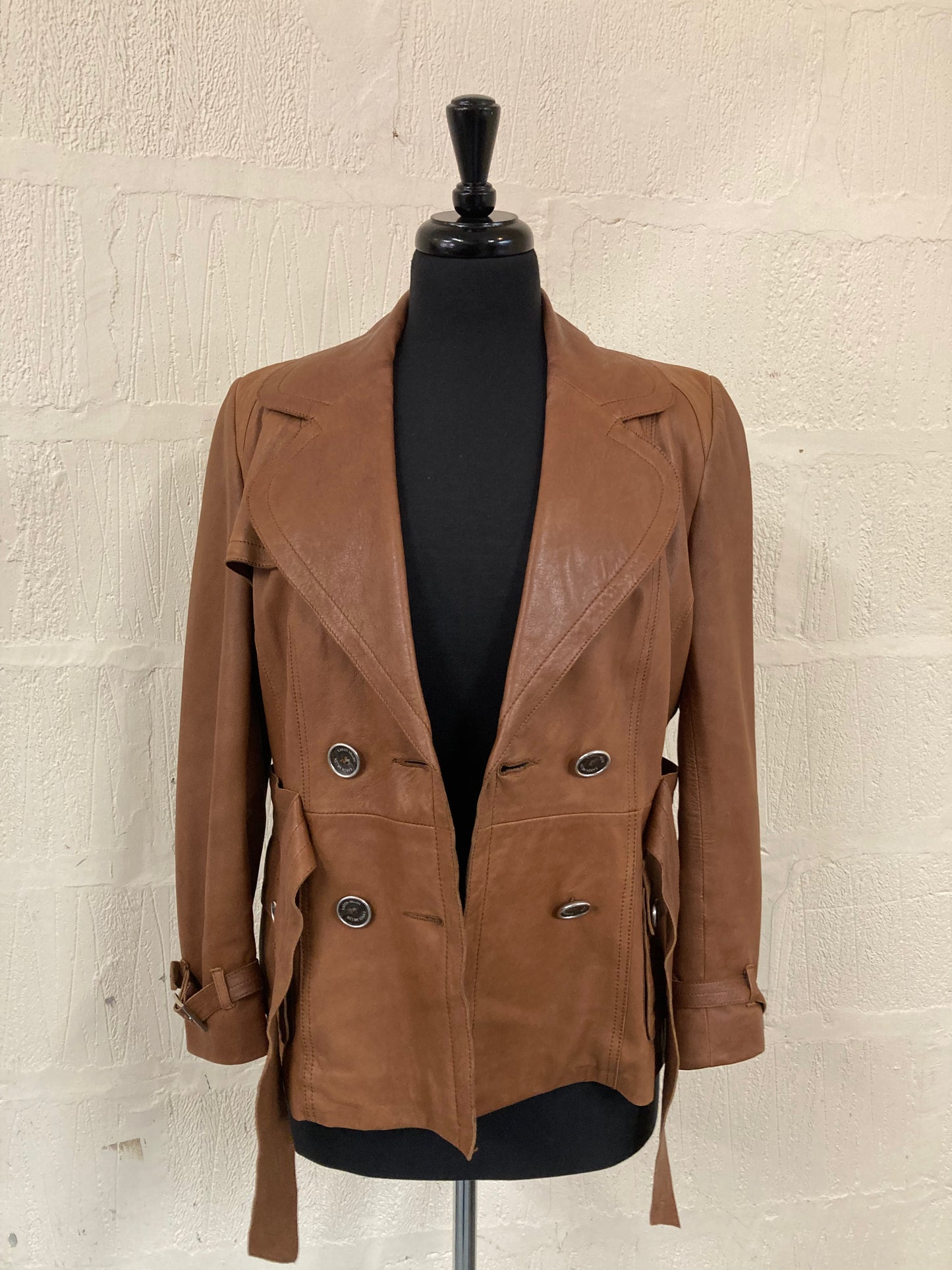 1970s style Karen Millen Tan Leather Double Breasted Belted Jacket Size 12