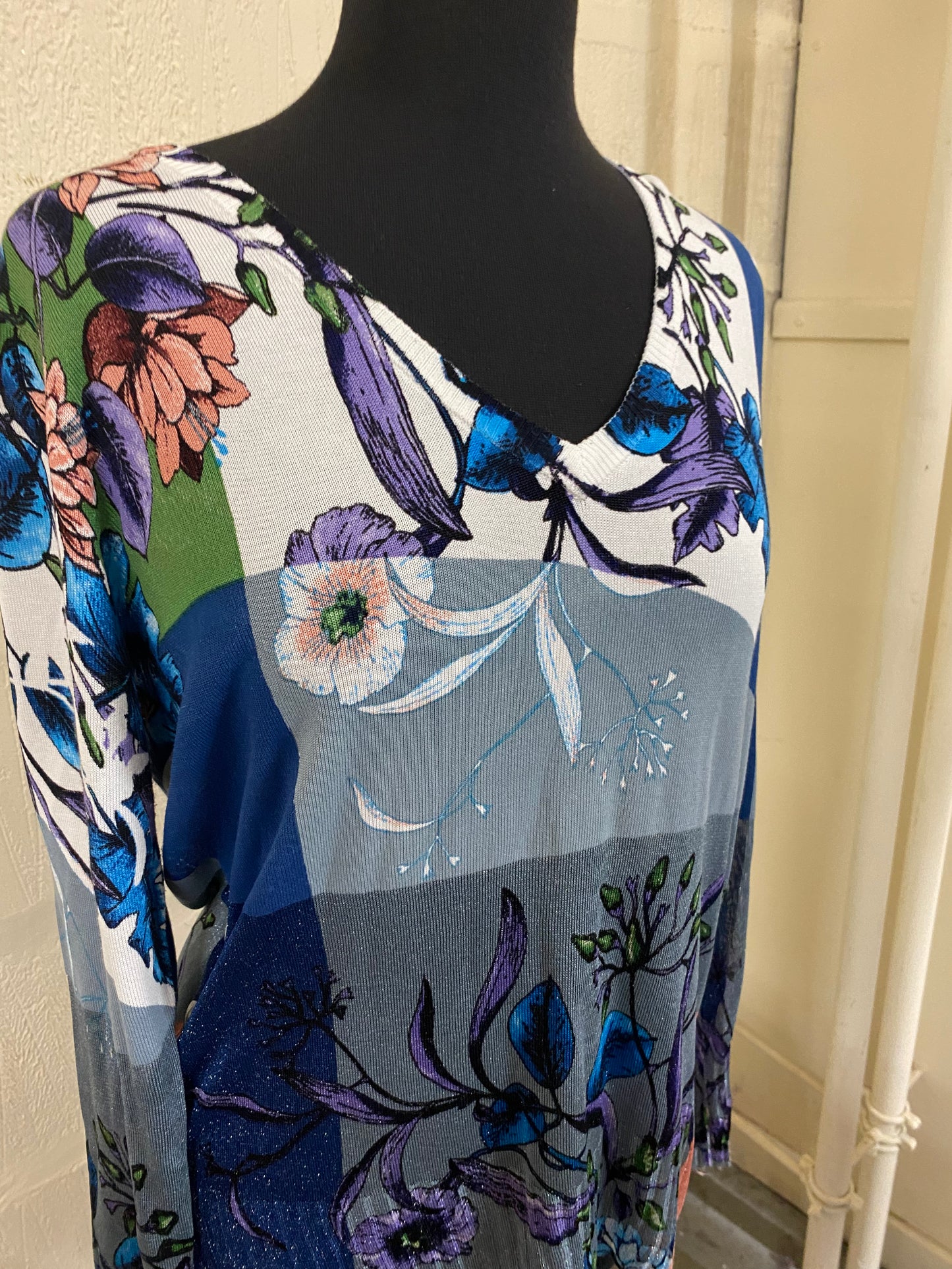 Fine Knit Grey, White and Glitter Blue Desigual Jumper Size 14