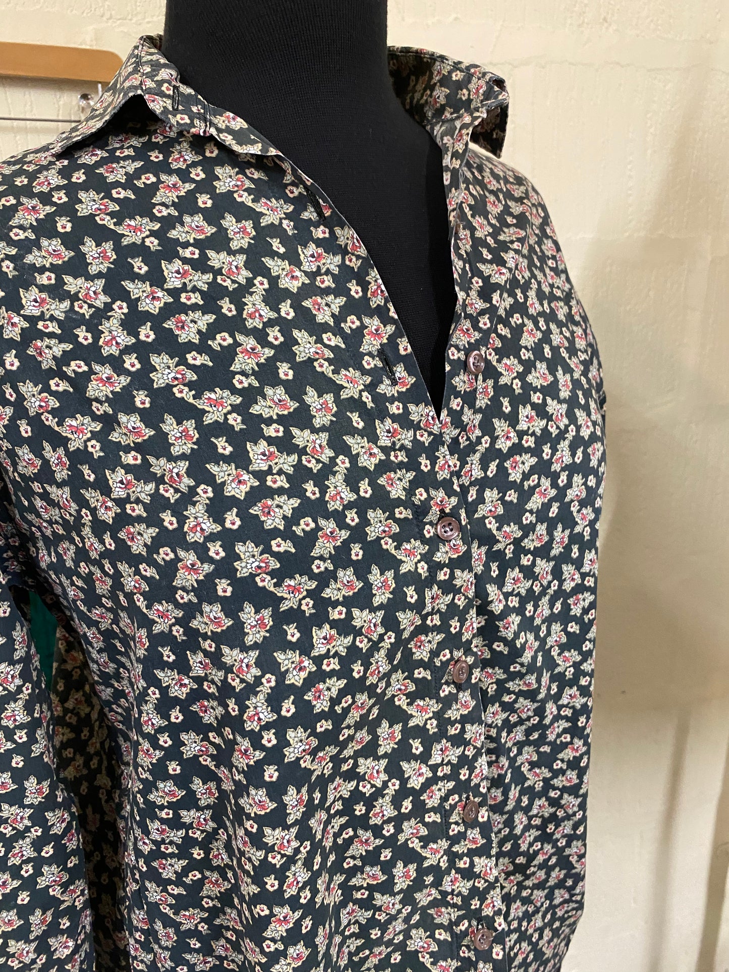 Vintage Charcoal and Red and White Floral Liberty Print Shirt Size 14