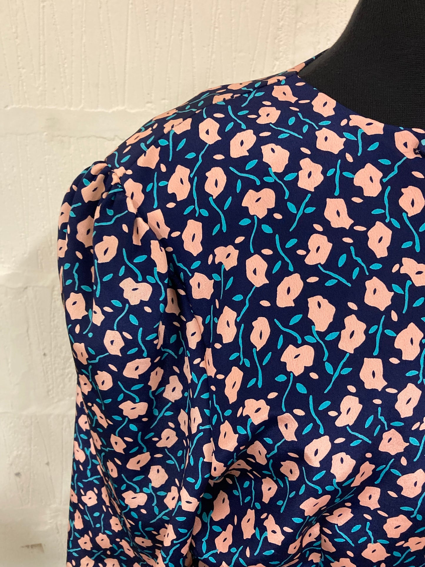 1980s Vintage Berkertex Navy with Pink and Turquoise Floral Top Size 16