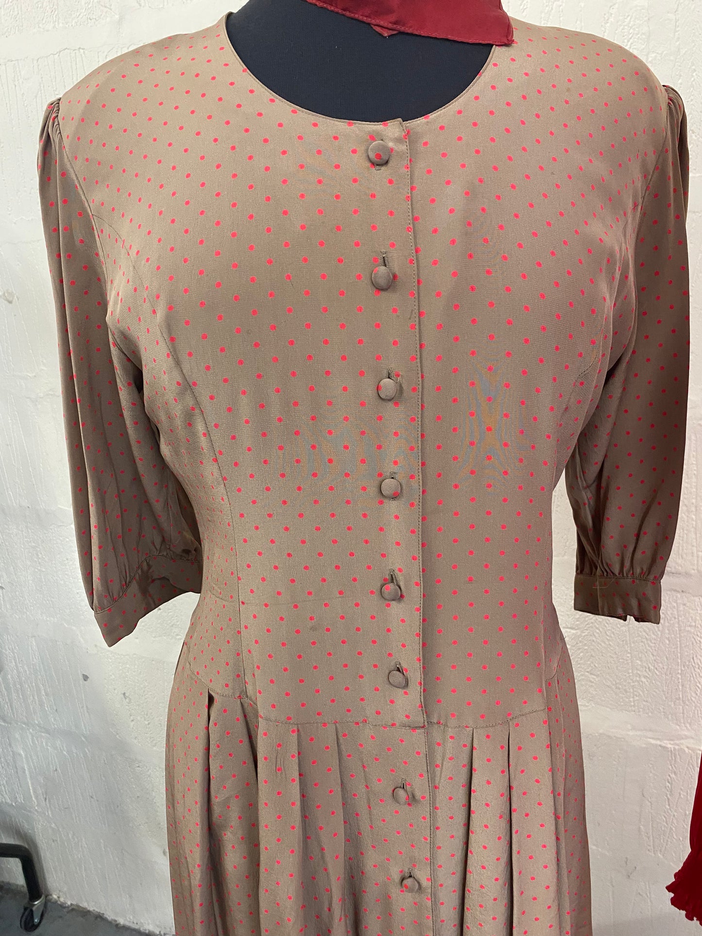 Vintage St Michael Brown and Red Polka Dot 100% Silk 1980s Midi Dress Size 12