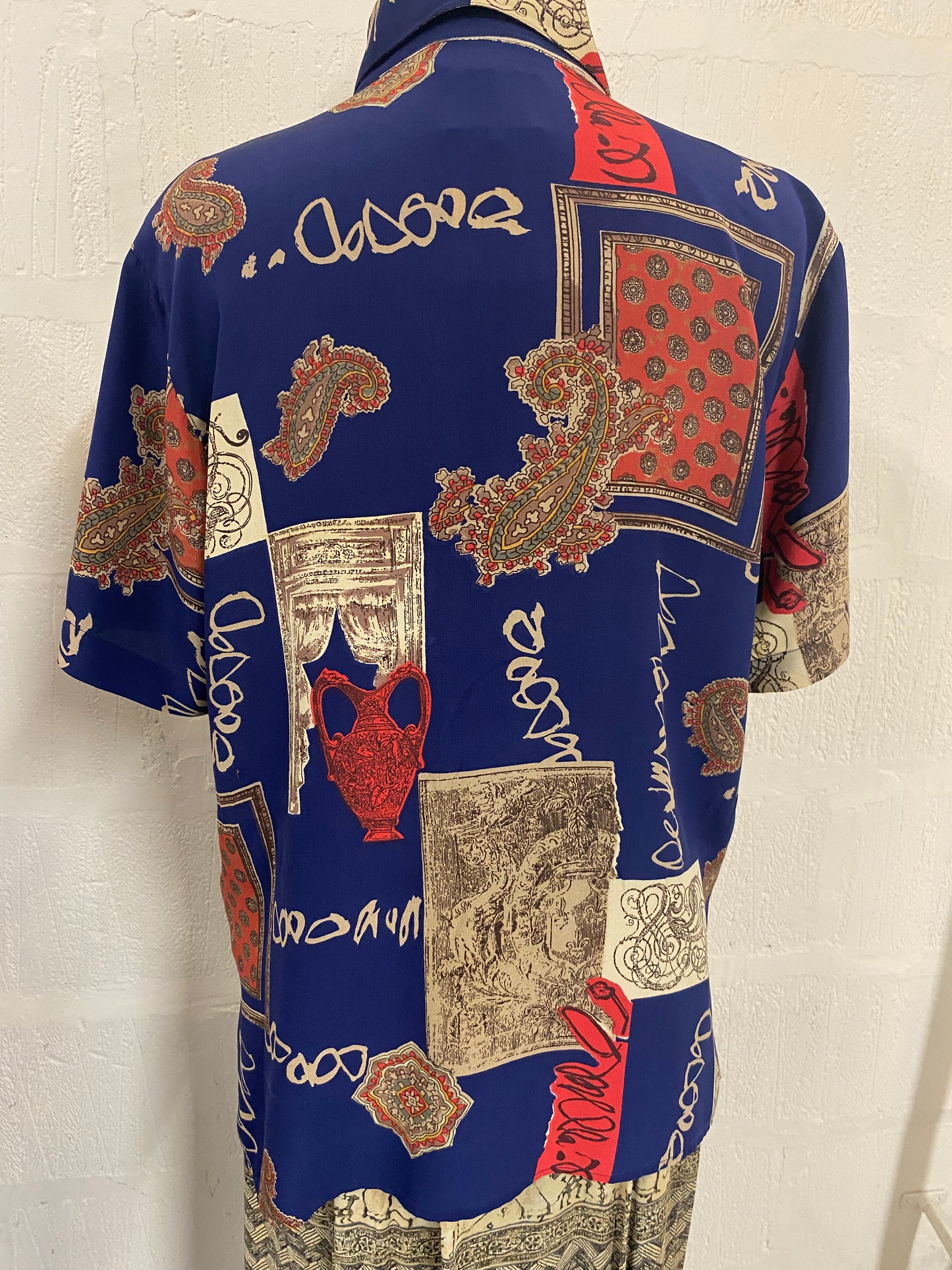 Vintage Navy and Red 100% Silk Italian Printed Blouse Size 12