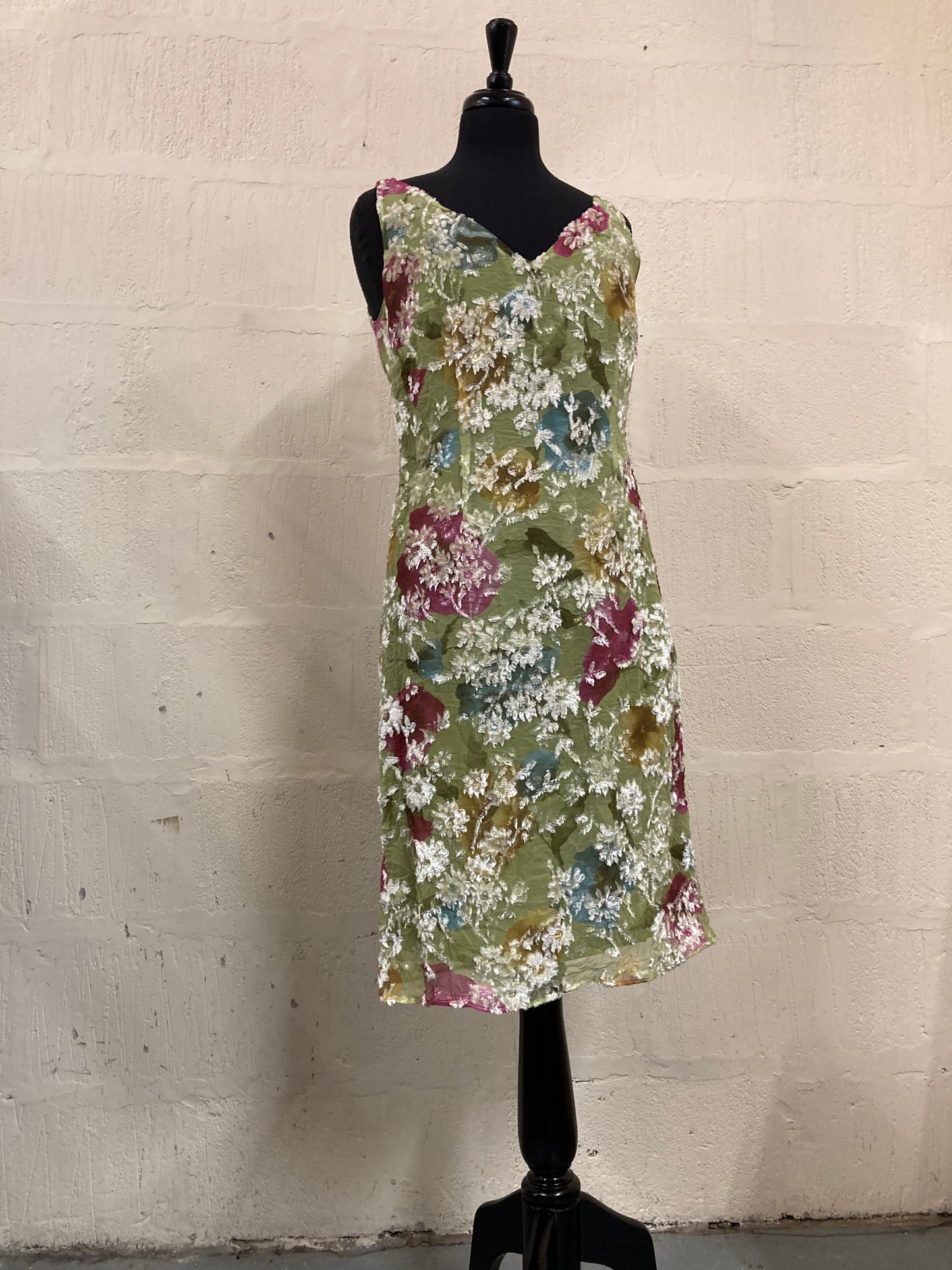 1990s Green with White Embellished Flower Shift Dress Size 14