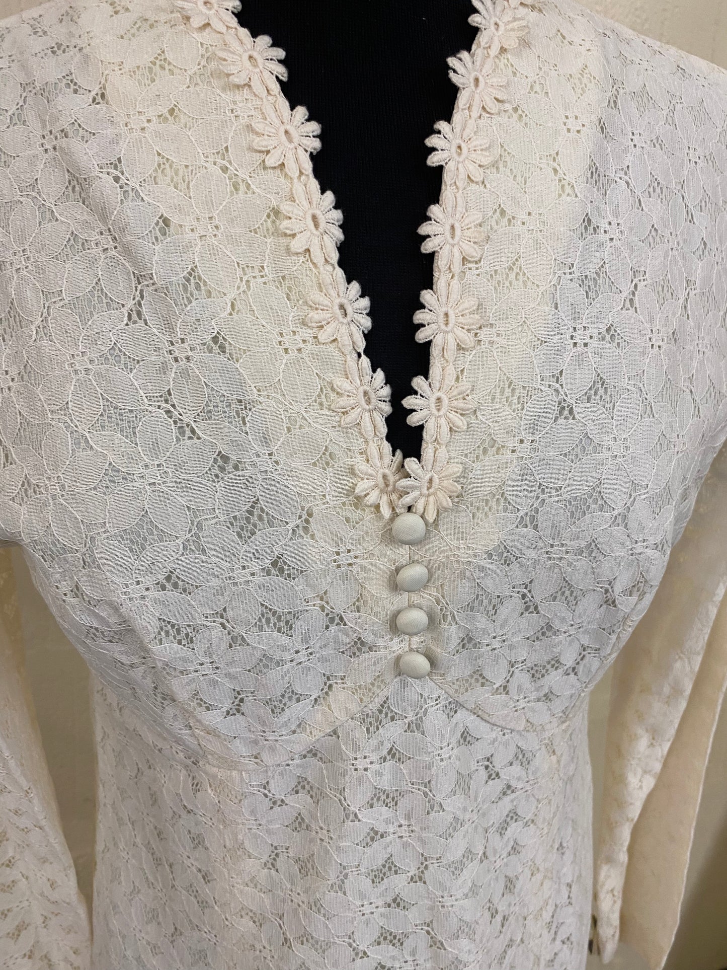 Hand Made 1960s Vintage Cream Lace Wedding Maxi Dress Size 8