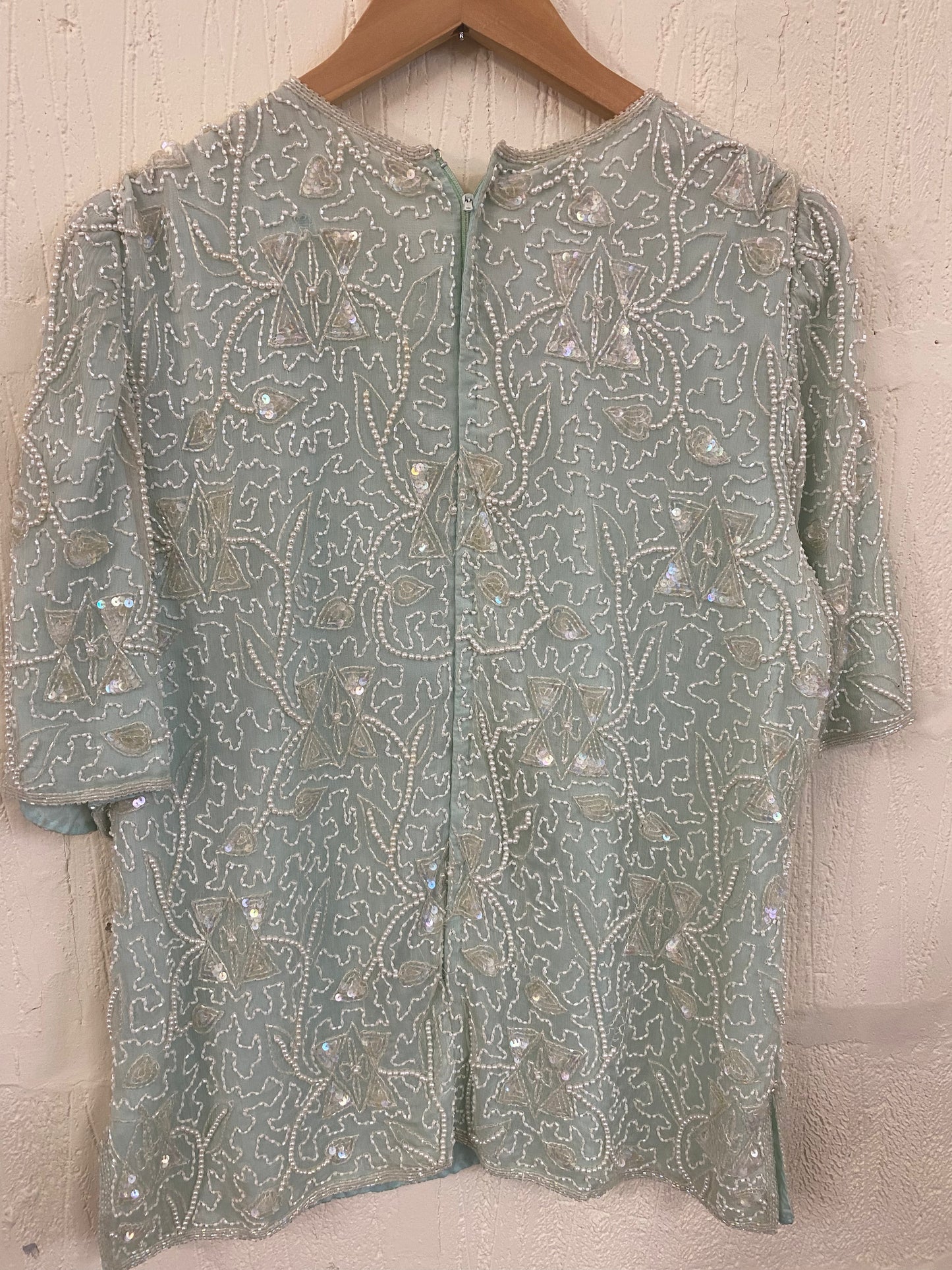 Vintage Light Green Frank Usher Silk and Sequin Top Size 12-14