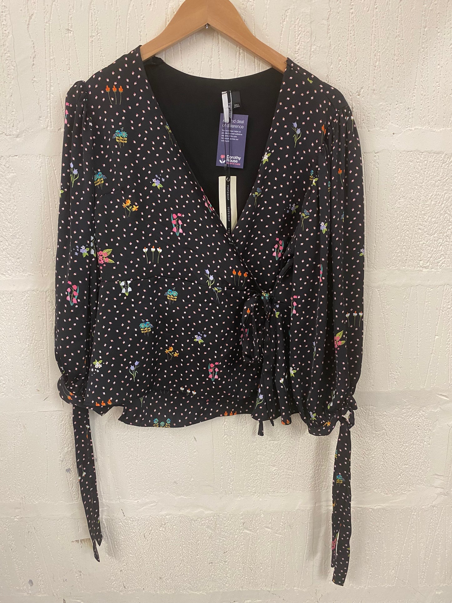 1970s Style Black and Multi Coloured Floral Design Cross Over Tie Top Size 12