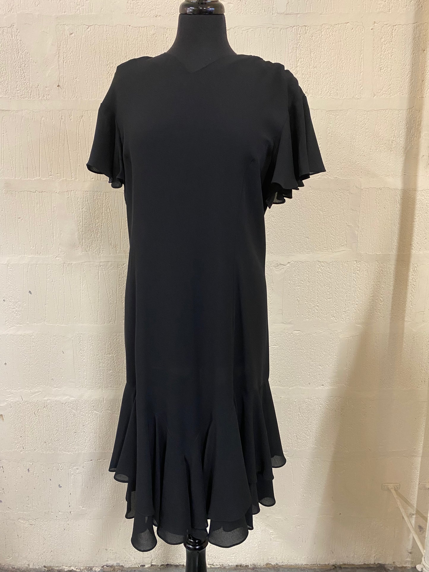 Vintage Black Frank Usher Dress with Butterfly Short Sleeve and Frilled Hem Size 18