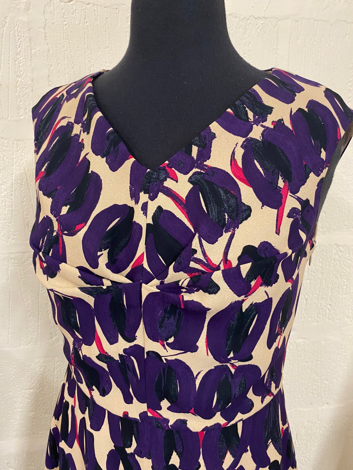 Max Mara Beige with Purple and Black Pattern Midi Dress Size 12