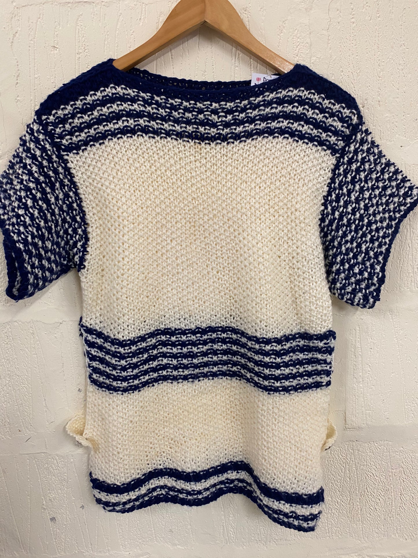 Hand Knitted Short Sleeve Navy Striped Jumper Size 12