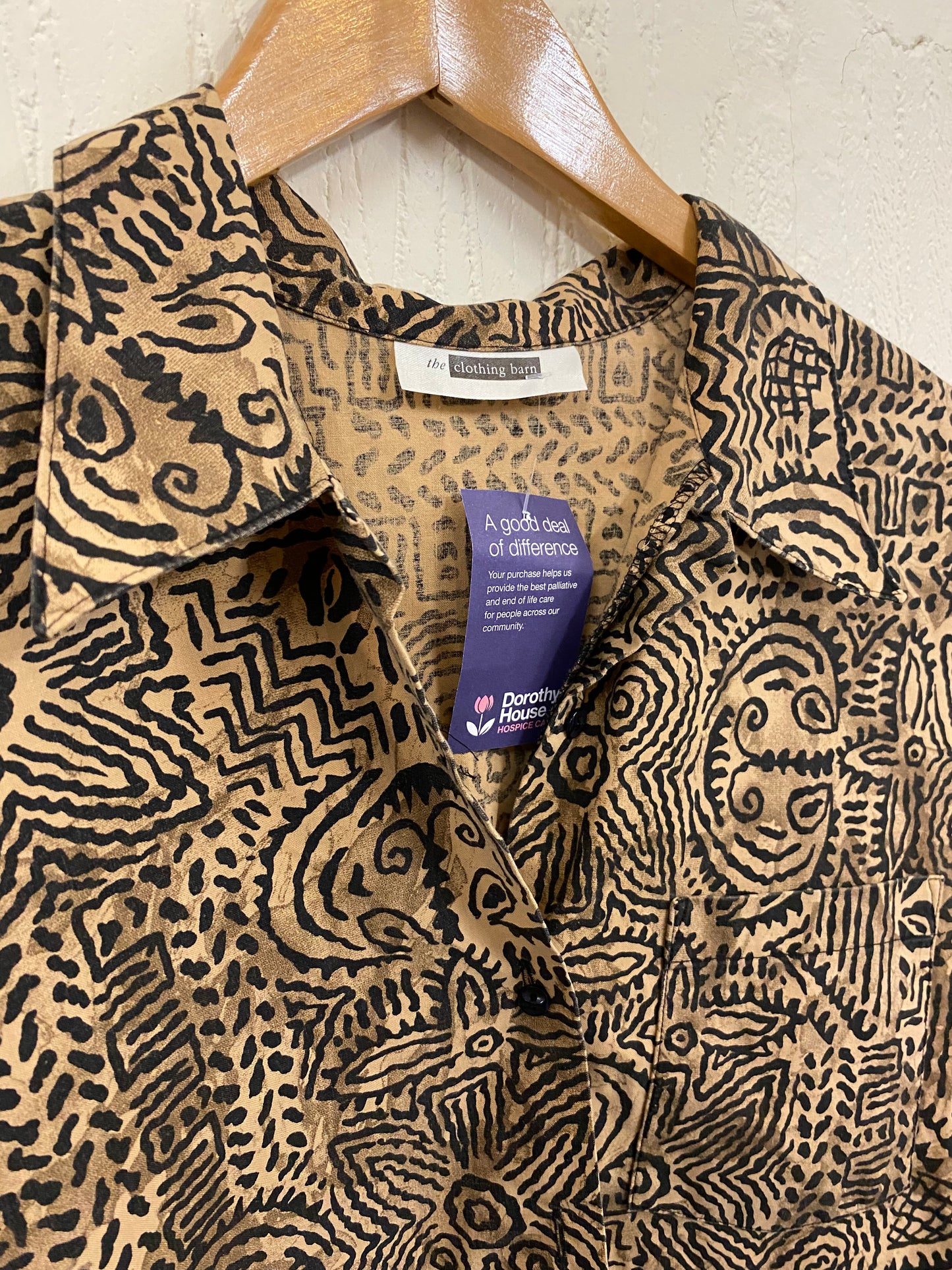 1950s Style Havana Vibes Tan and Black Patterned Cotton Shirt Size 10