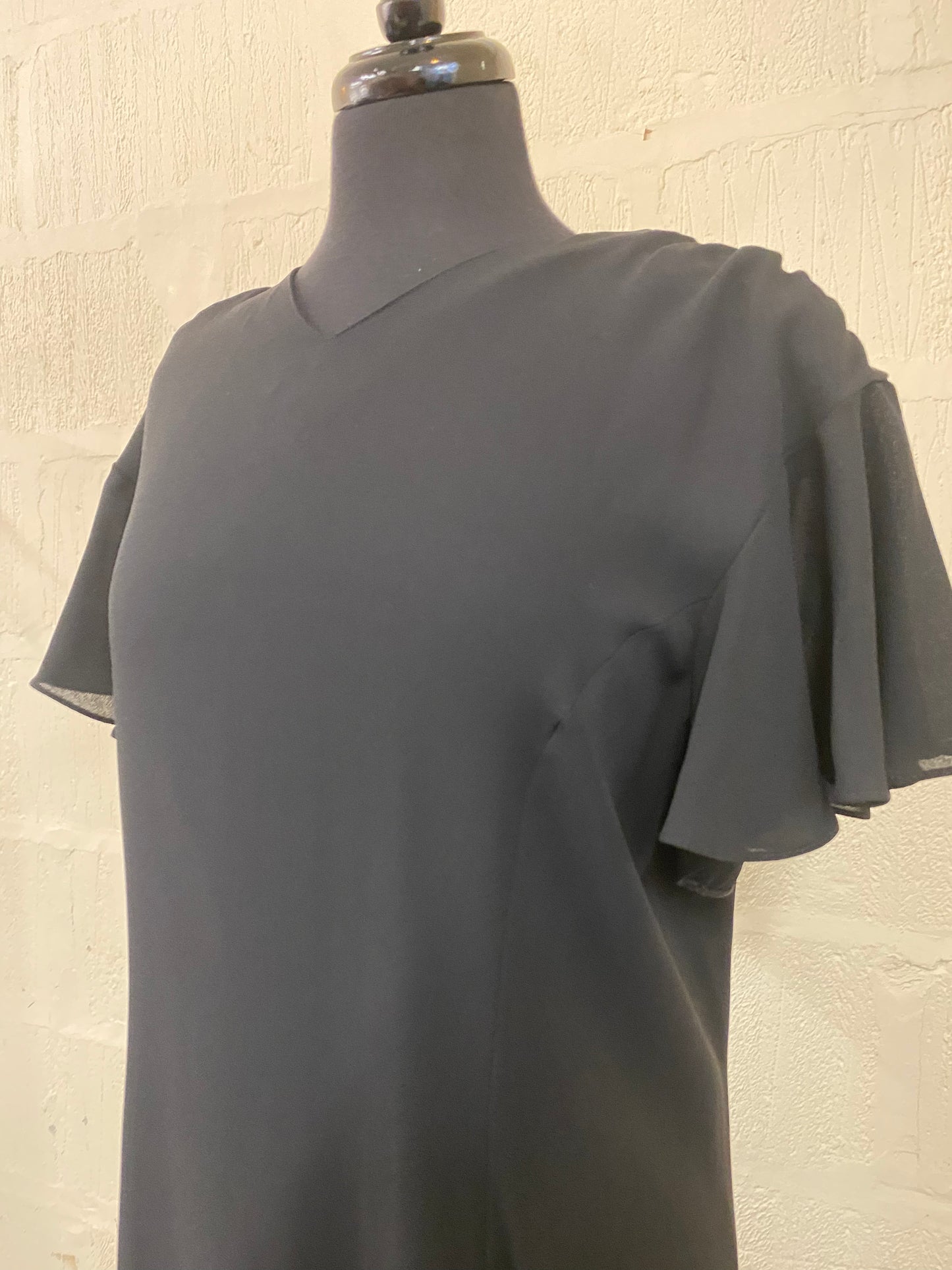 Vintage Black Frank Usher Dress with Butterfly Short Sleeve and Frilled Hem Size 18