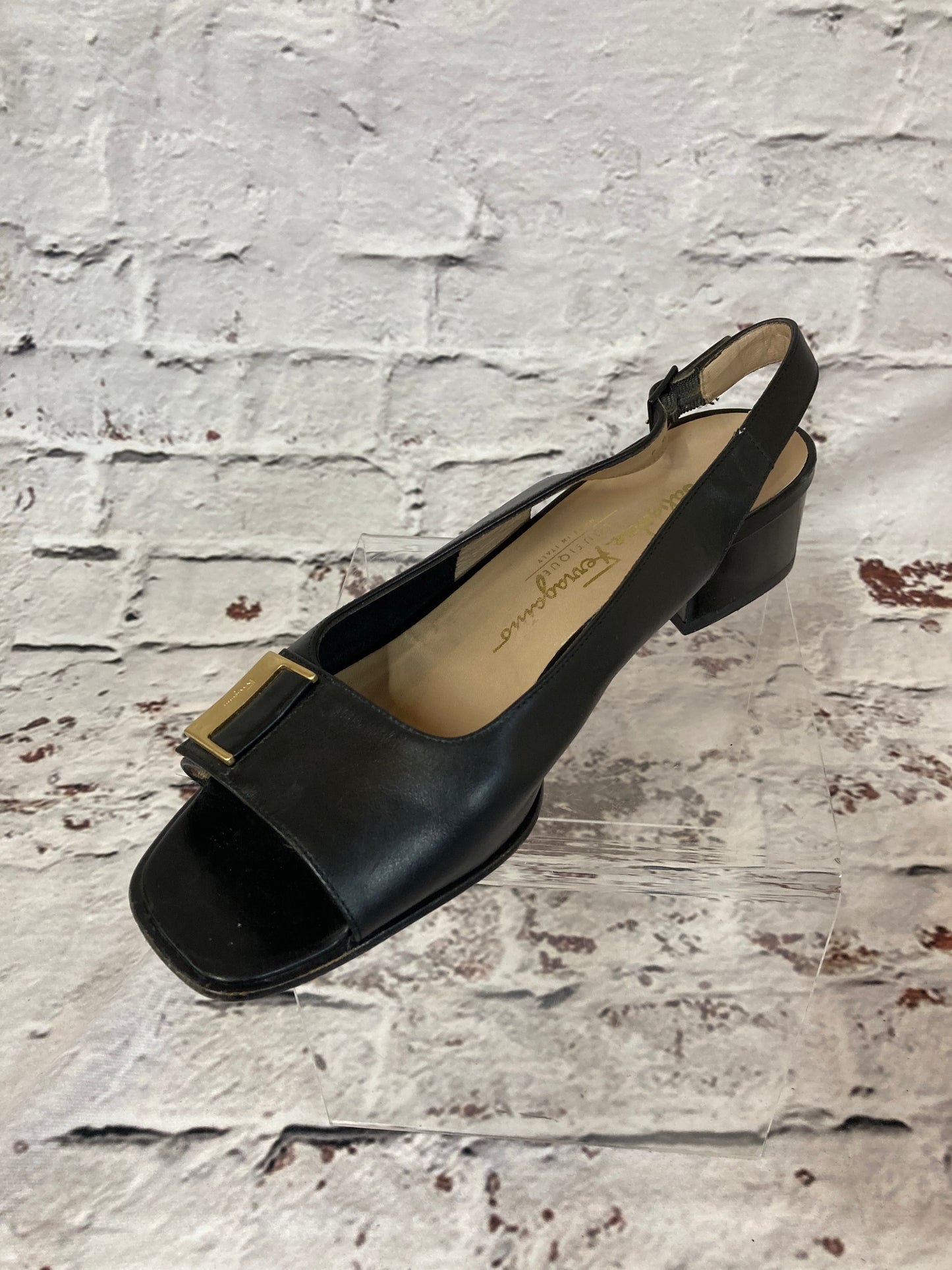 1980s Salvatore Ferragamo Black Peep Toe Buckled Sling Backs Size 3.5 (36)