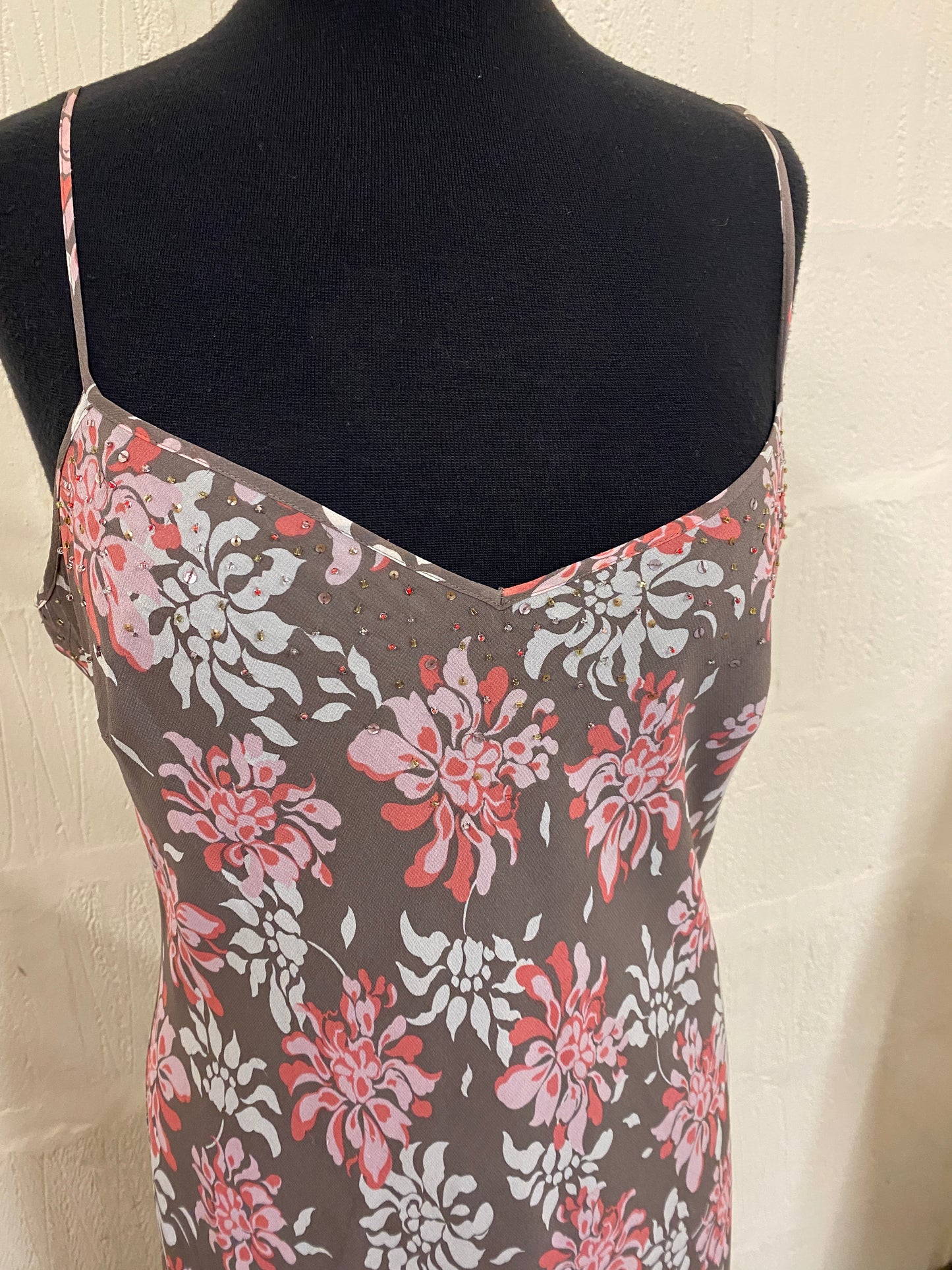 Silk Coffee Coloured Pink Florals with Sequin Strappy Maxi Dress Size 16