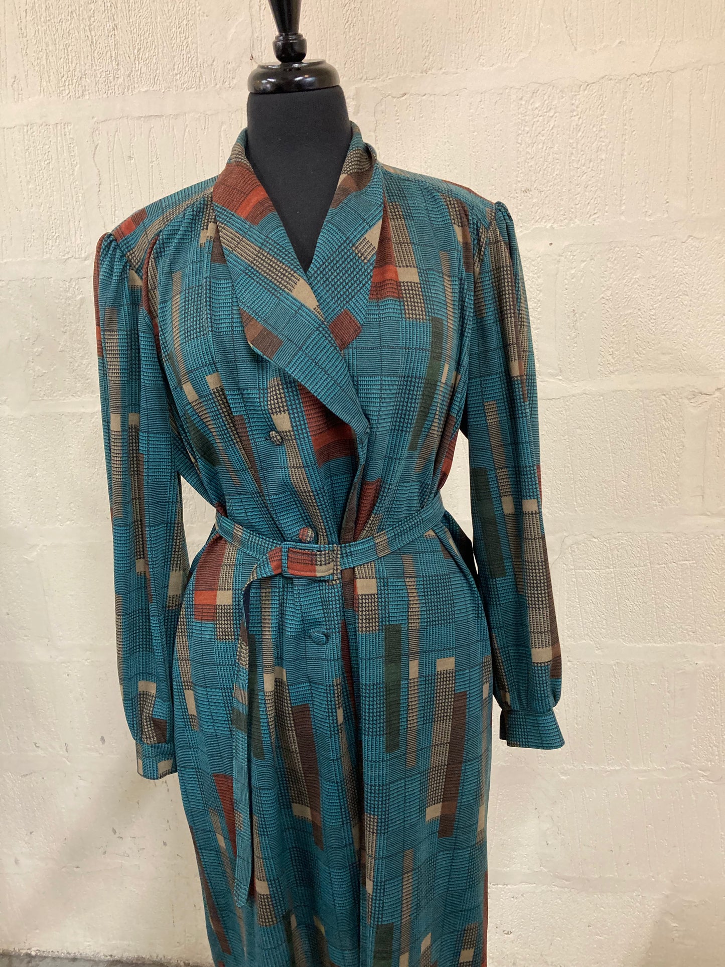 1960s Style Midi Green and Taupe Double Breasted Dress Size 20