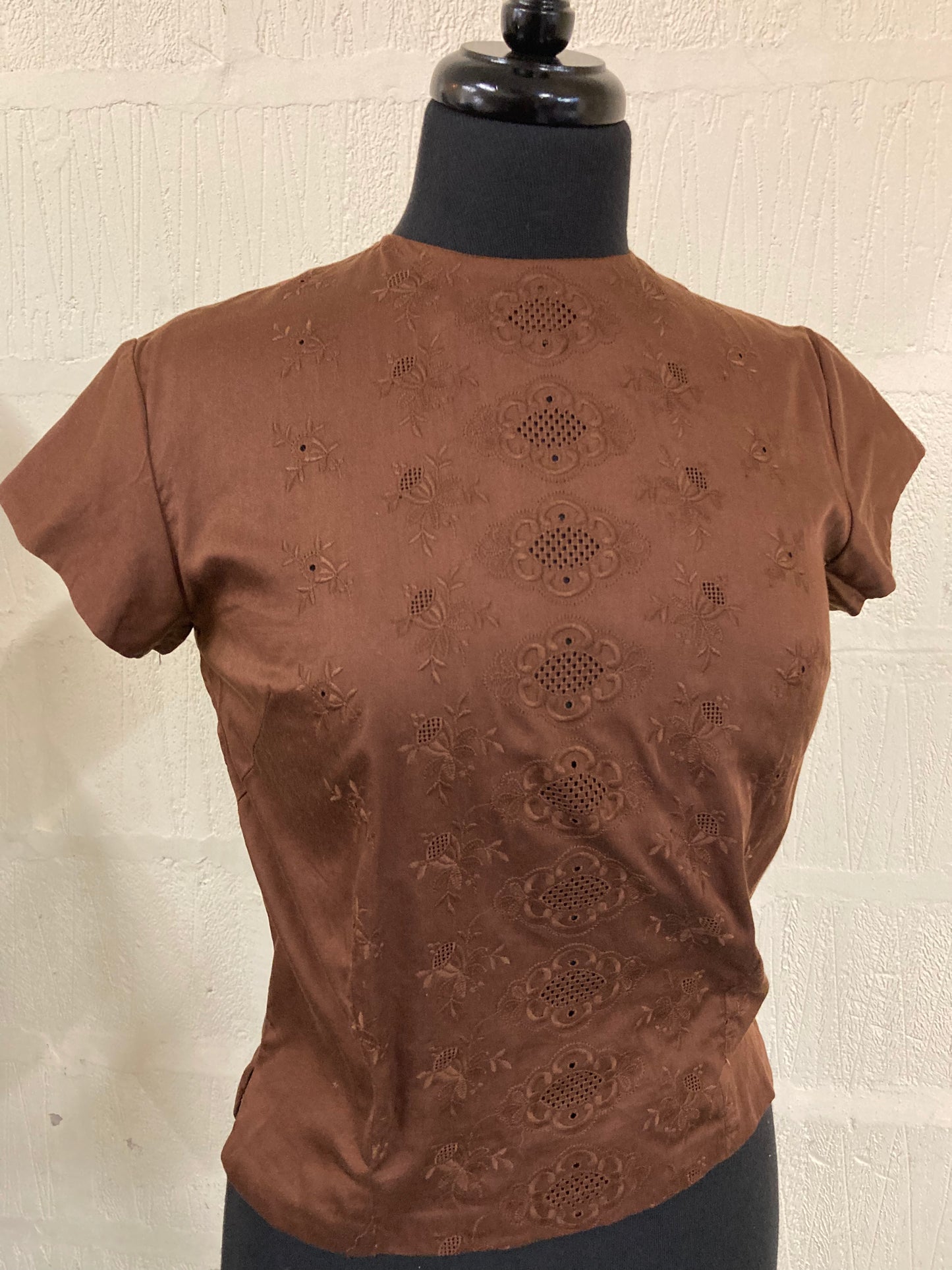 Vintage Brown Embroidered Cap Sleeve Top Size 8