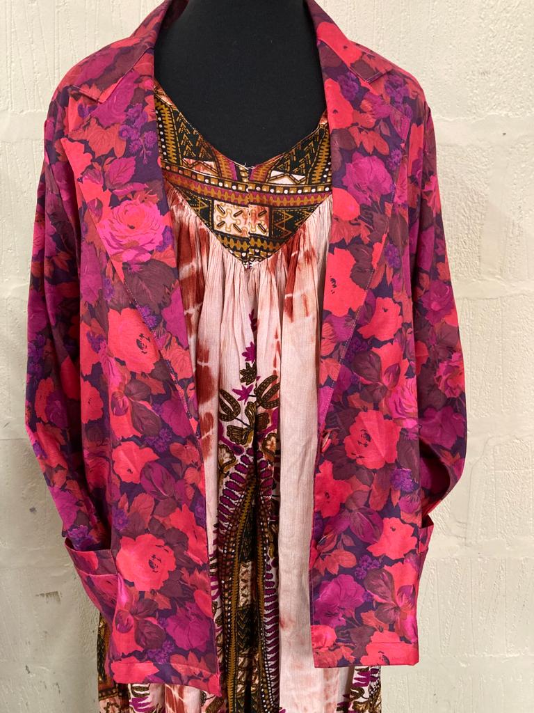 Vintage Lightweight Red and Pink Floral Silk Blazer Jacket Size S
