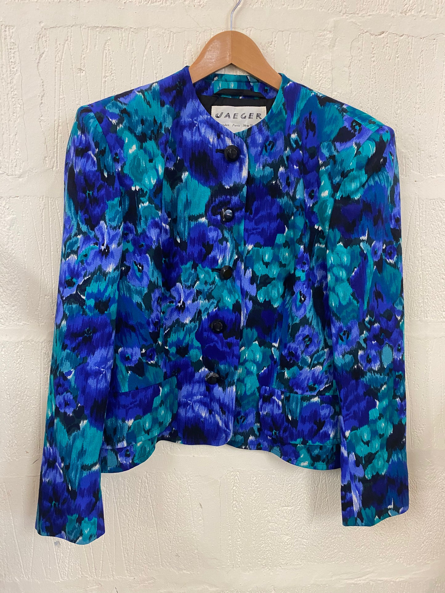Vintage Jaeger Blue and Turquoise Splashy Print Jacket Size 14